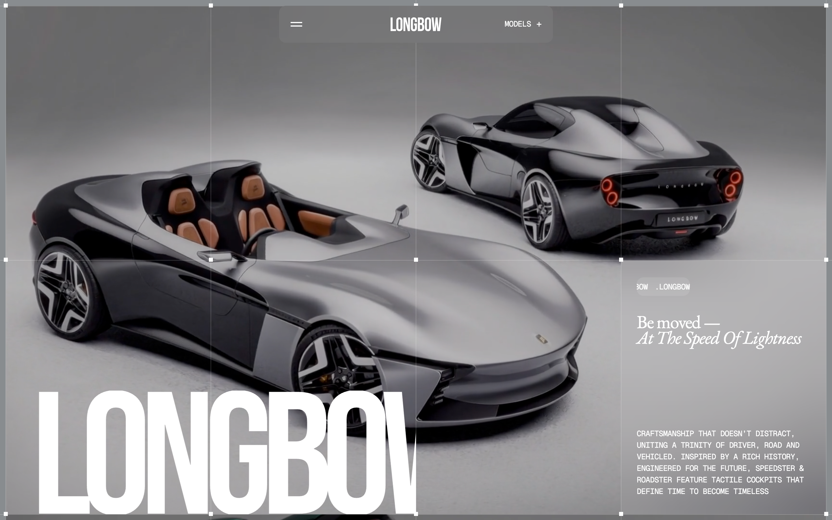 Longbow Motors homepage in monochrome, with a large headline reading Be Moved At The Speed Of Lightness over an atmospheric photo of a British electric sports car