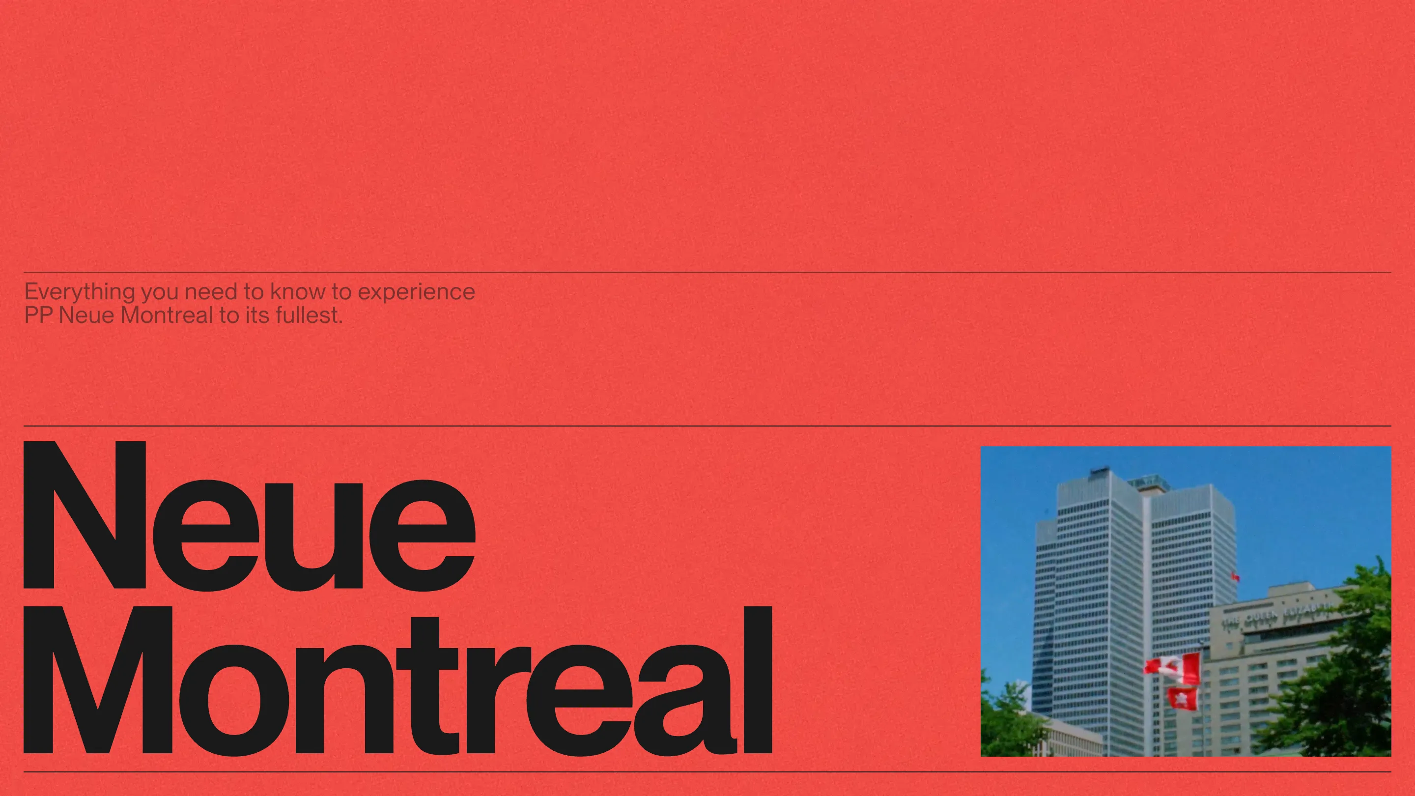 The PP Neue Montreal home screen: the words Neue Montreal set huge in black on a tomato-red field, next to a small photo of a Montreal tower with a Canadian flag.