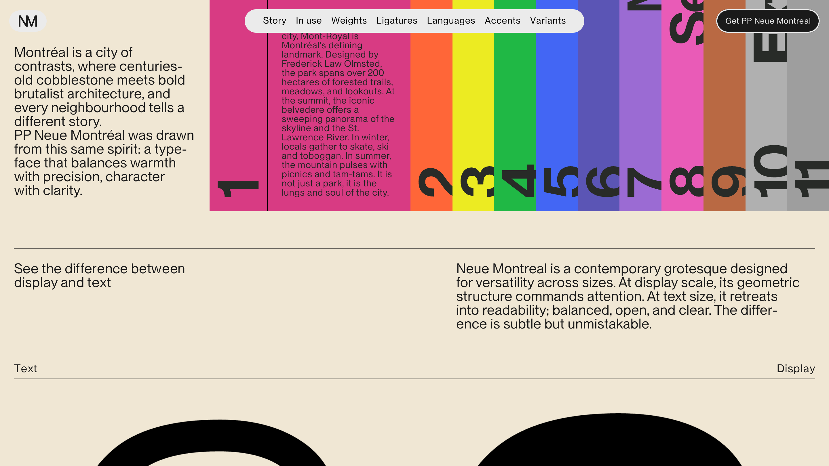 The numbered contents guide and the text-versus-display comparison, with a rainbow of colored columns down the page.