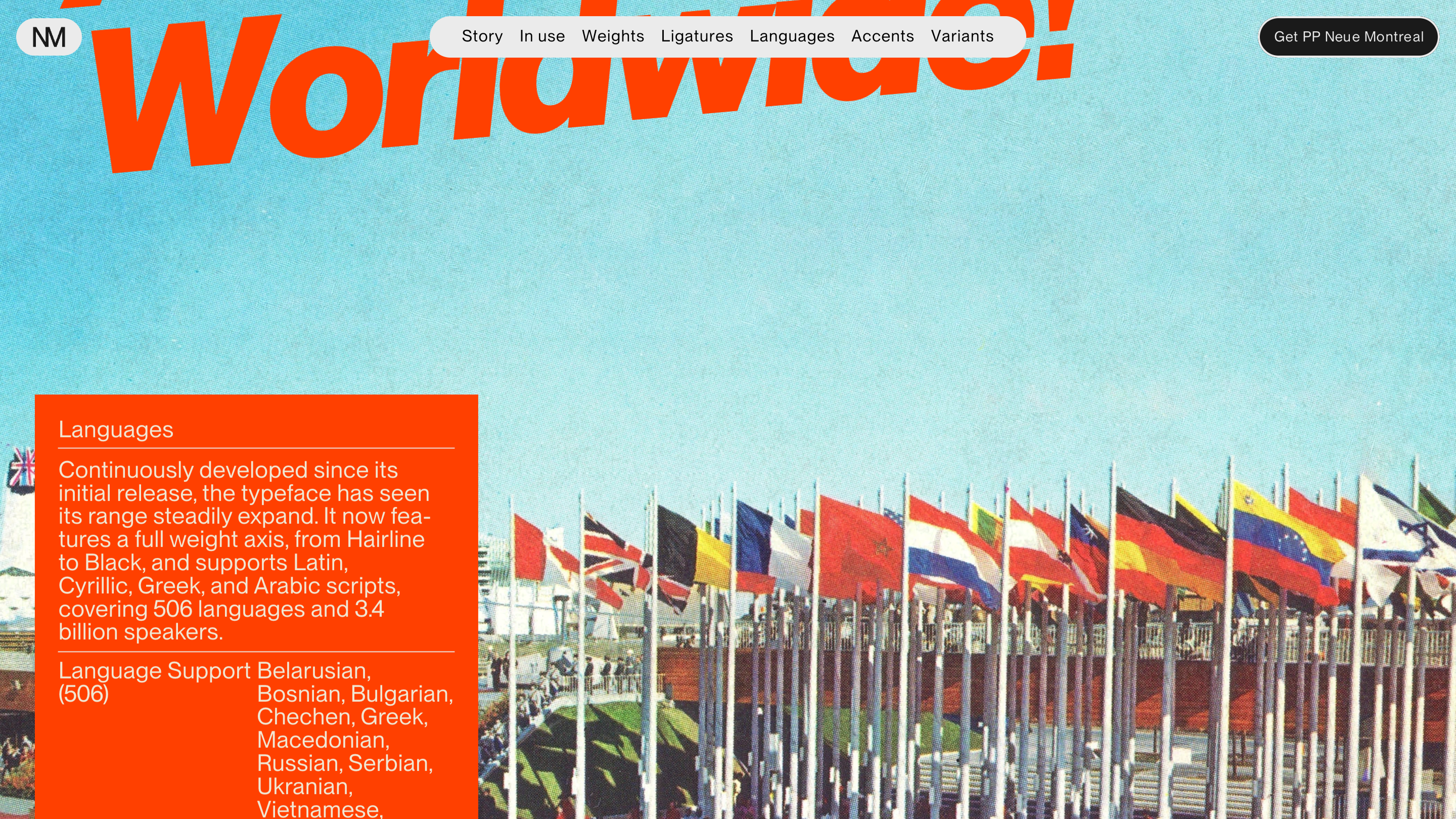 The Worldwide section: red outline lettering over a faded photo of international flags, with a panel on language and script support.