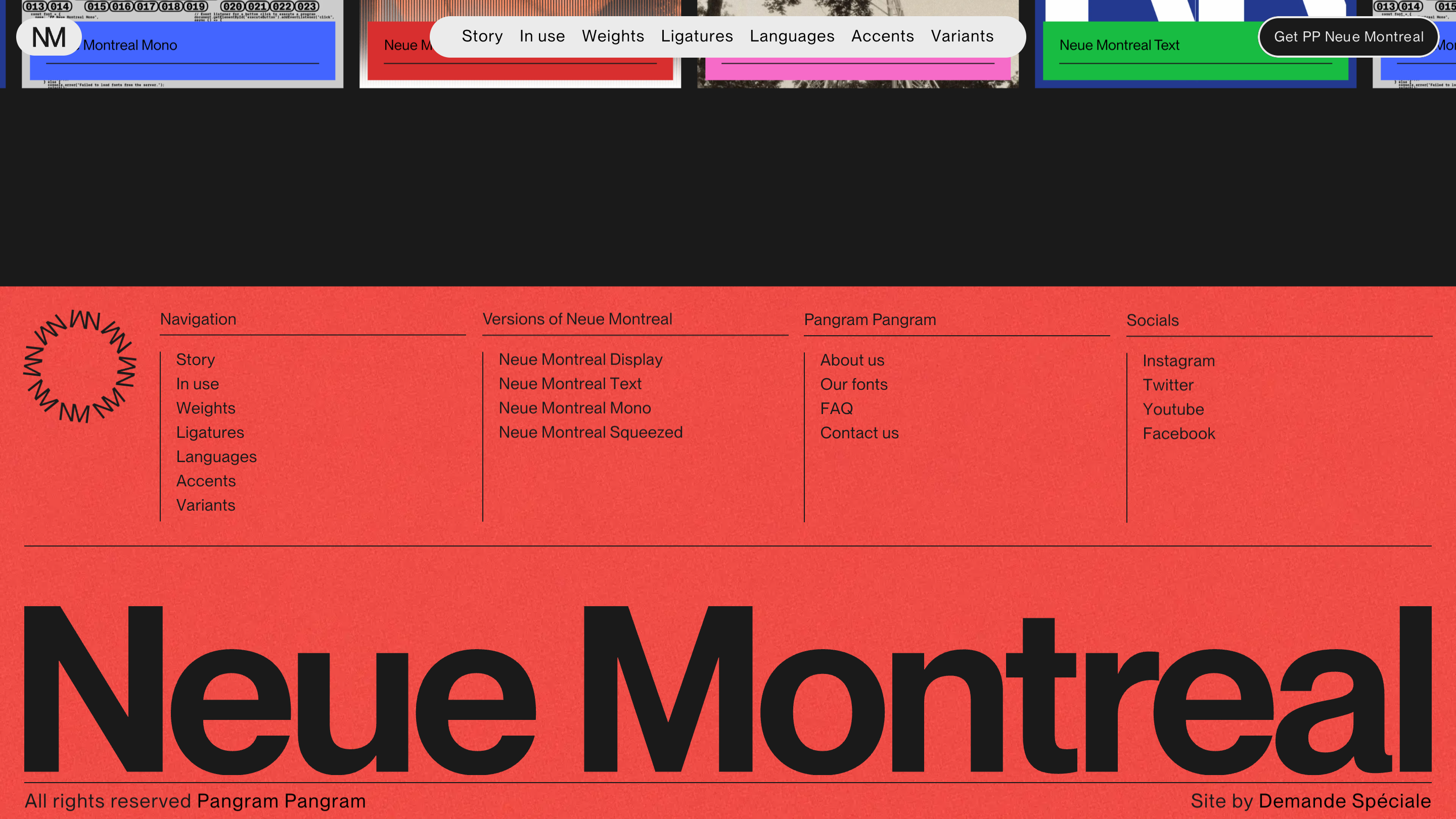 The footer: Neue Montreal set huge across the red field, with credits to Pangram Pangram and the studio.