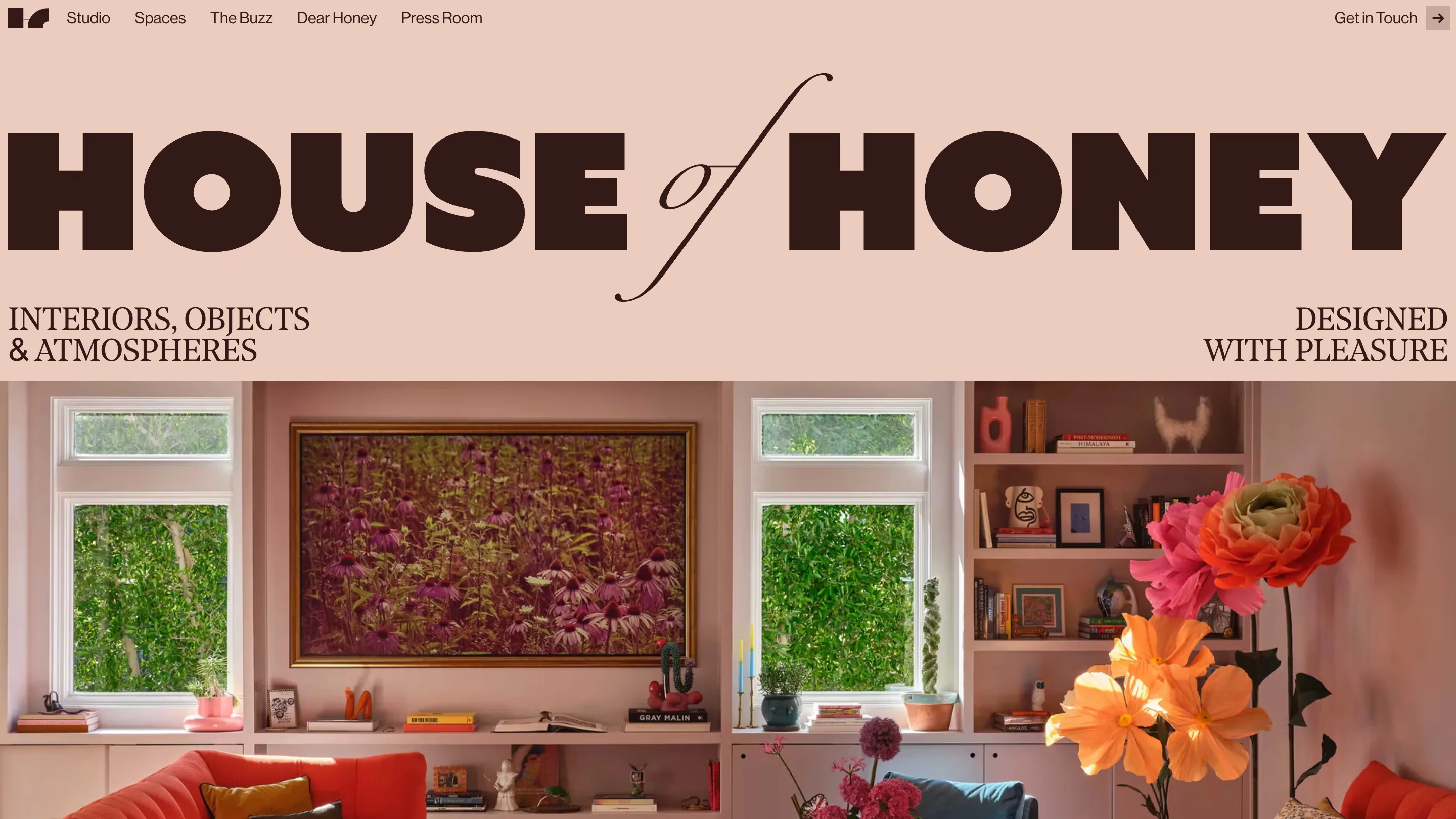 House of Honey homepage: HOUSE of HONEY set in a fat brown serif with a cursive italic 'of', over a peach background and a photo of a plant-filled living room