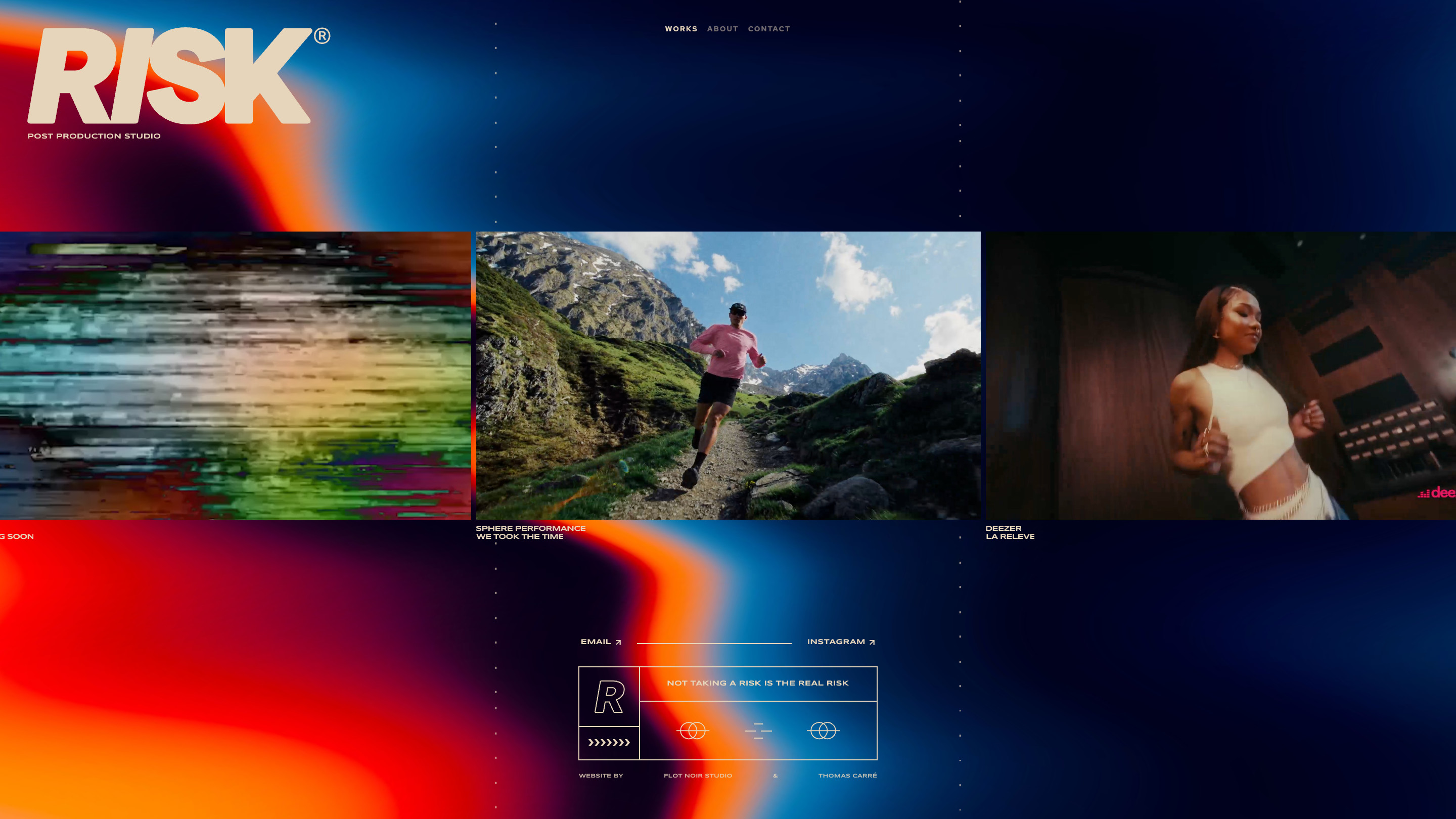 RISK works page, a monochrome grid of film thumbnails under a running timecode