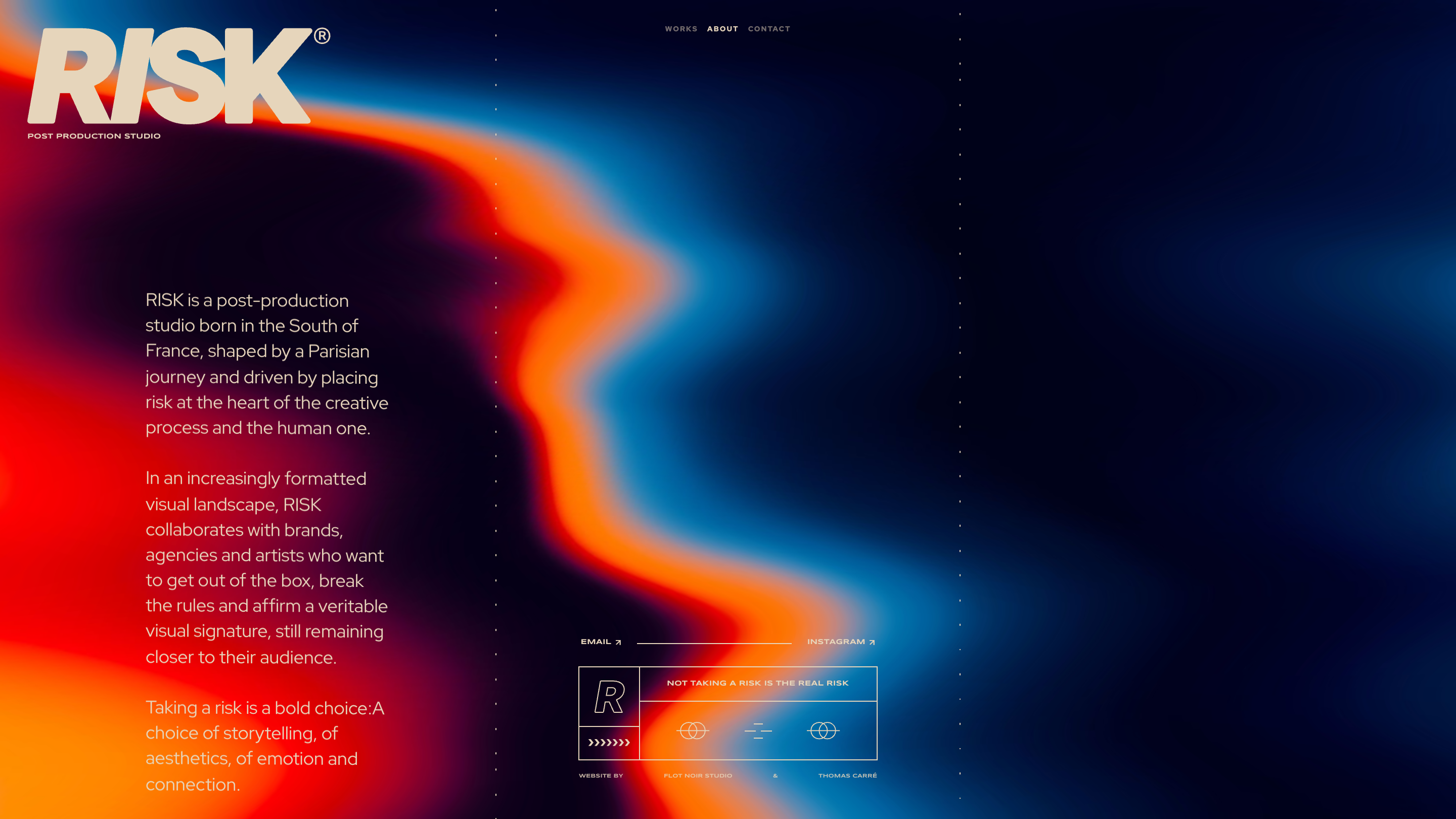 RISK about page, sparse type and named directors on a black field
