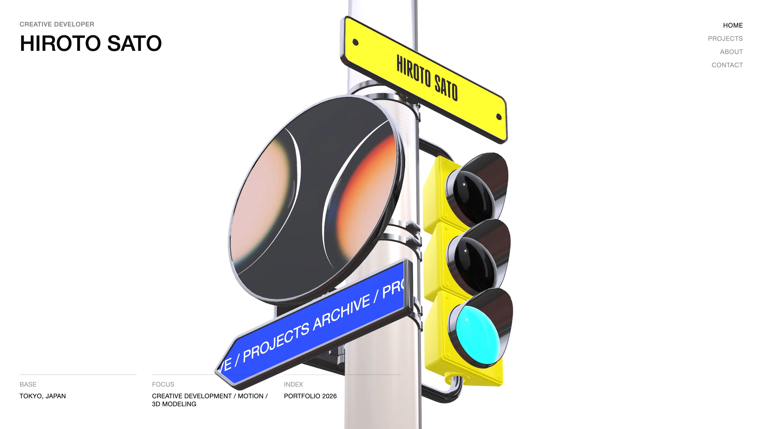 The home page of hirotos.com: a 3D-rendered street pole on a white background, with a yellow sign reading HIROTO SATO, a blue arrow reading PROJECTS ARCHIVE, a chrome convex mirror and a yellow traffic light with the bottom lens lit cyan.