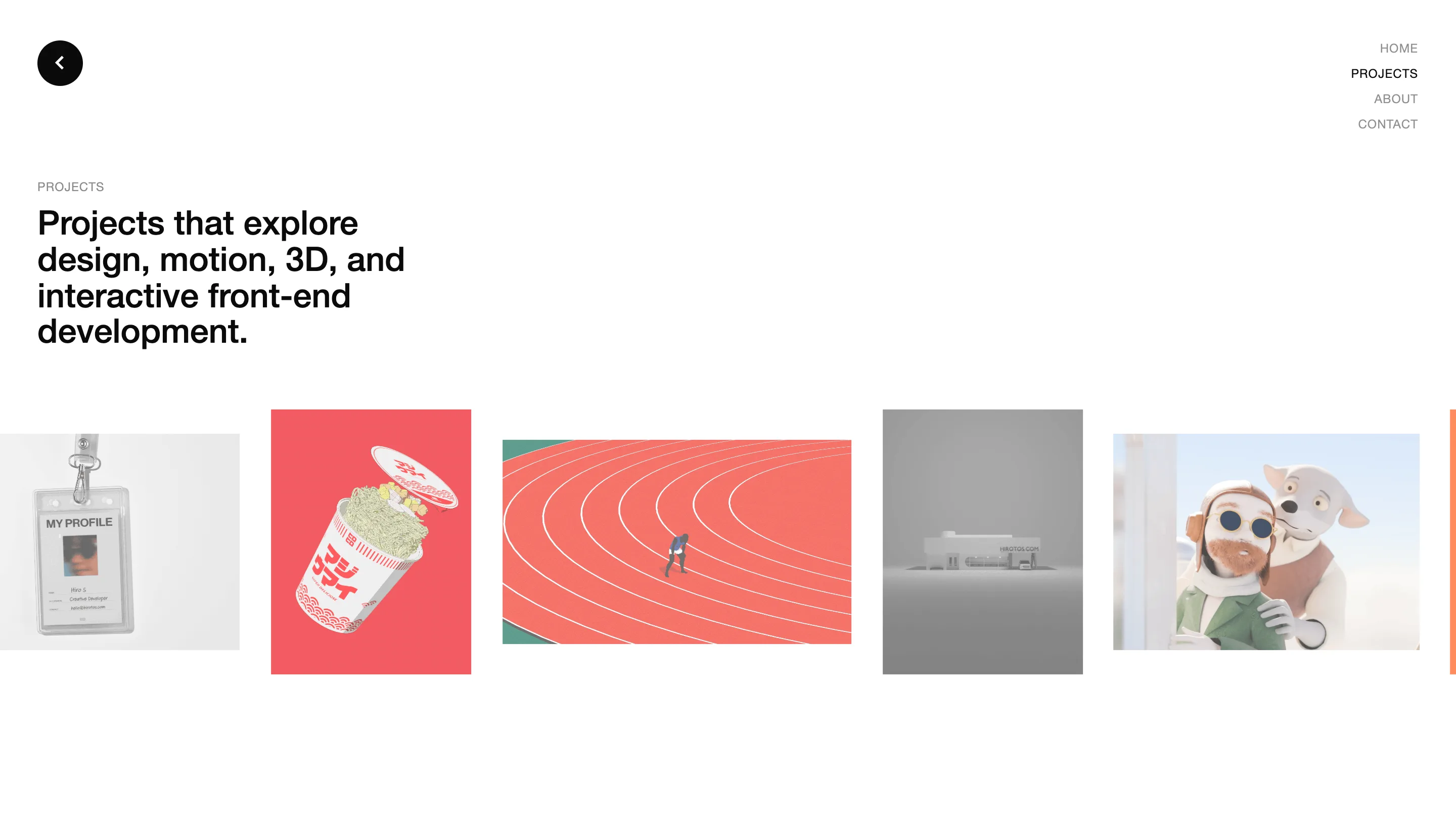 The projects page: a large black headline reading "Projects that explore design, motion, 3D, and interactive front-end development" above a horizontal strip of project thumbnails at mixed sizes.