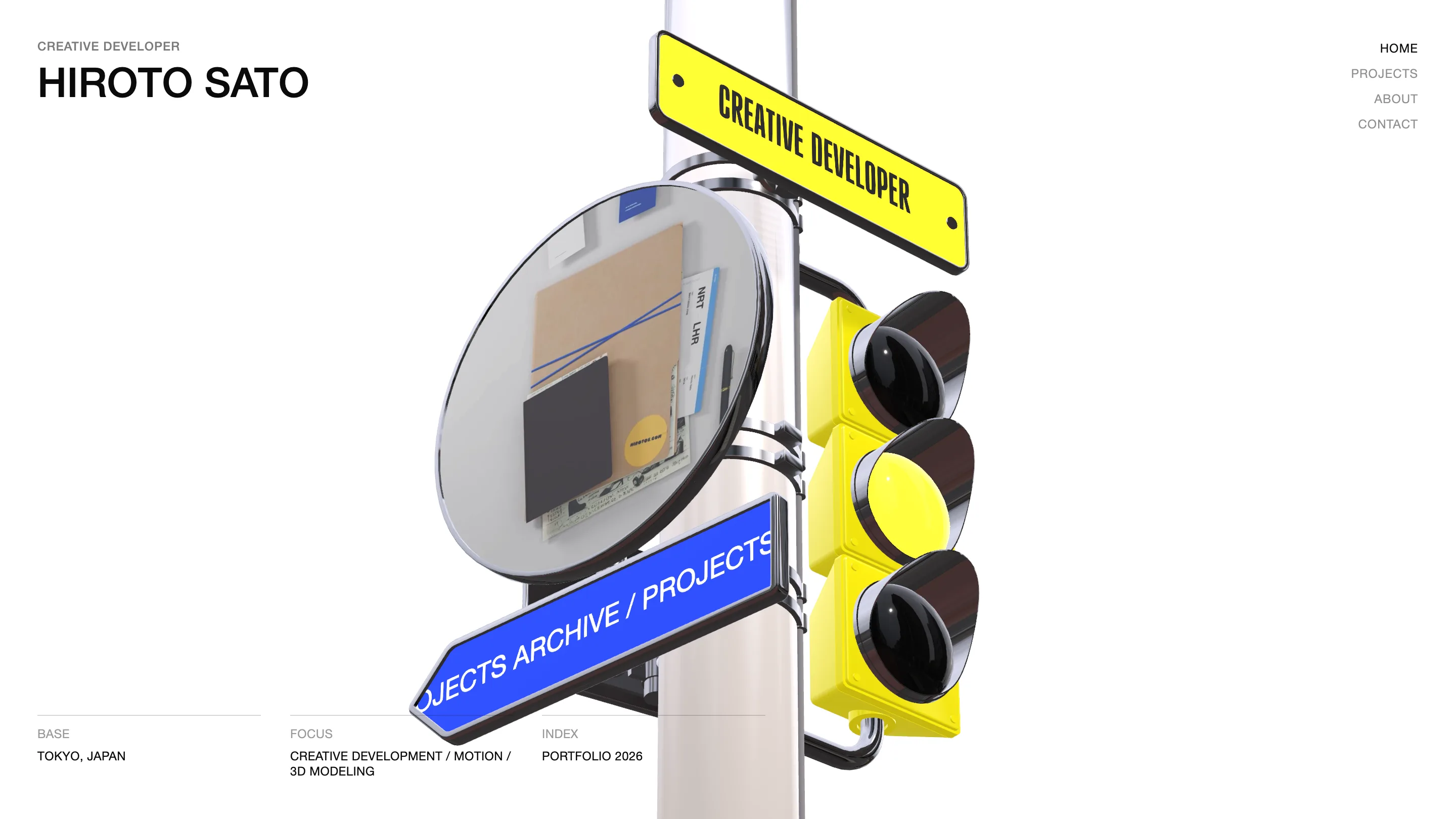 The same 3D pole after scrolling: the yellow sign now reads CREATIVE DEVELOPER, the middle lens of the traffic light is lit yellow, and the convex mirror reflects a desk scene.