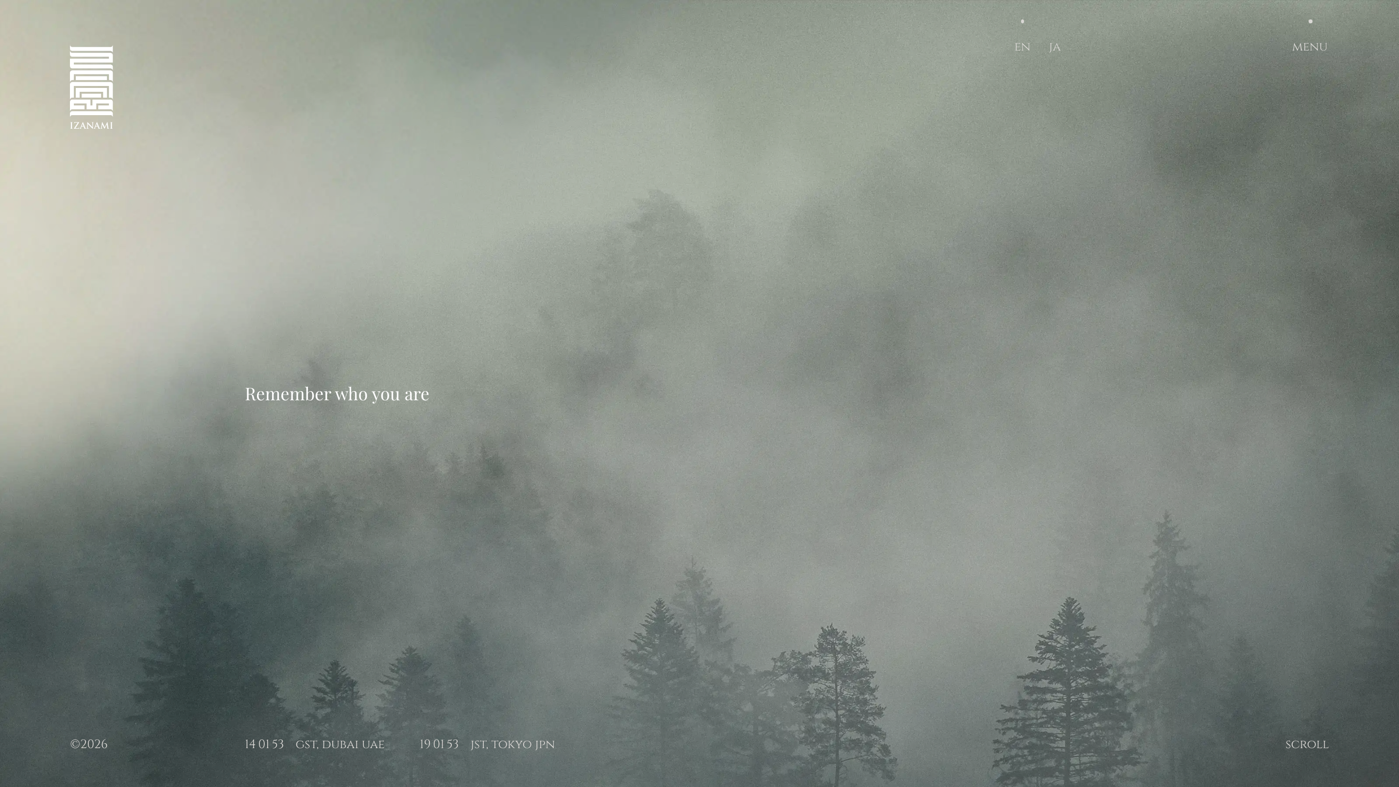 The Izanami homepage: a fogged cedar ridge in near-monochrome with the line Remember who you are set in a light serif