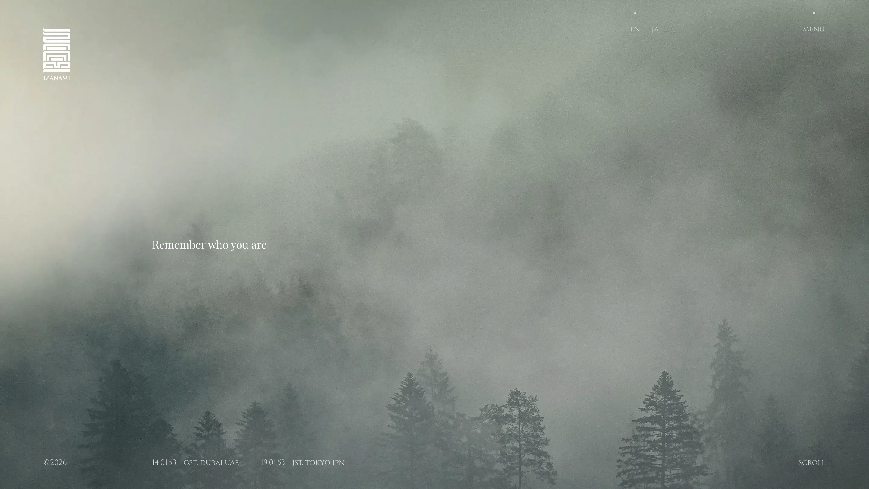 The Izanami homepage: a fogged cedar ridge in near-monochrome with the line Remember who you are set in a light serif