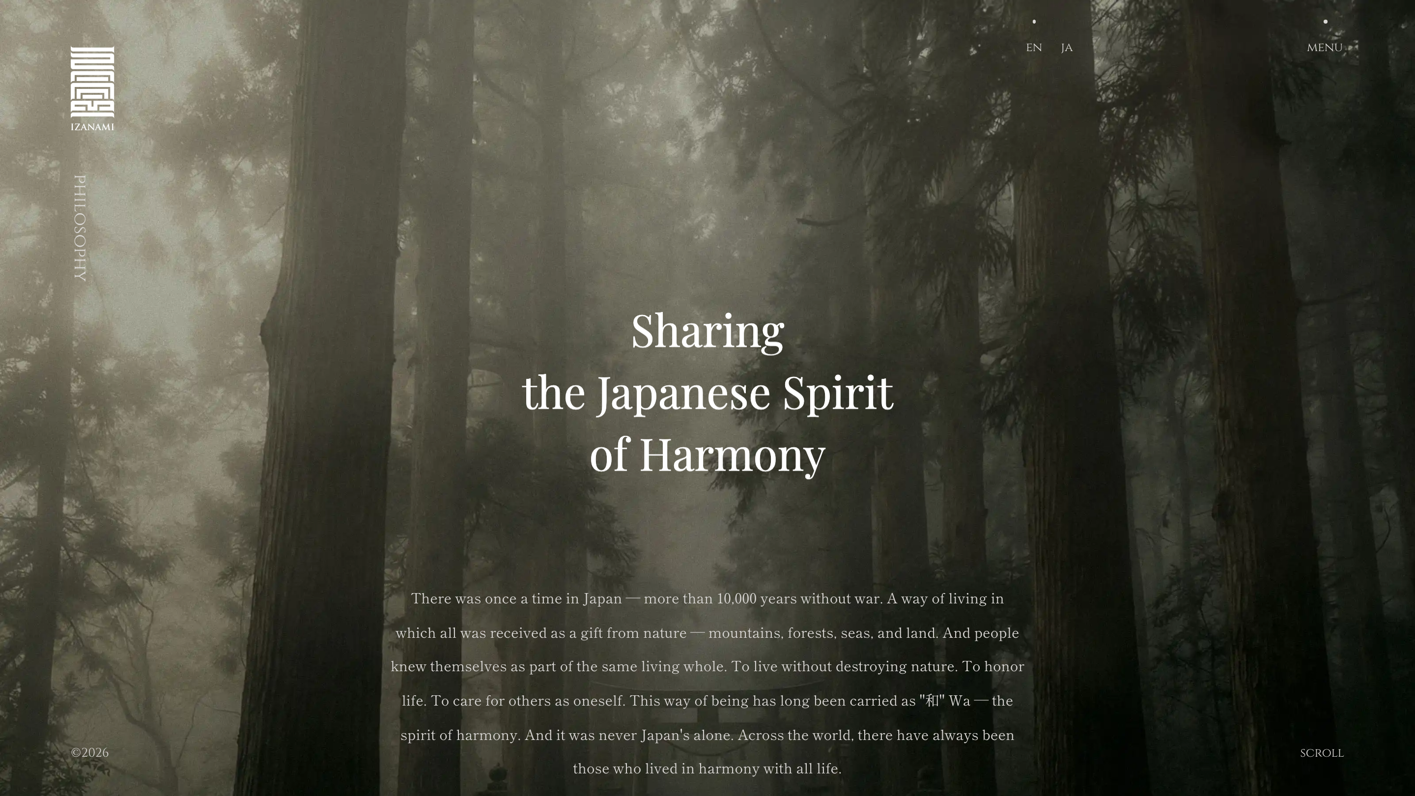 The Izanami philosophy page: the headline Sharing the Japanese Spirit of Harmony centred over cedar trunks in fog