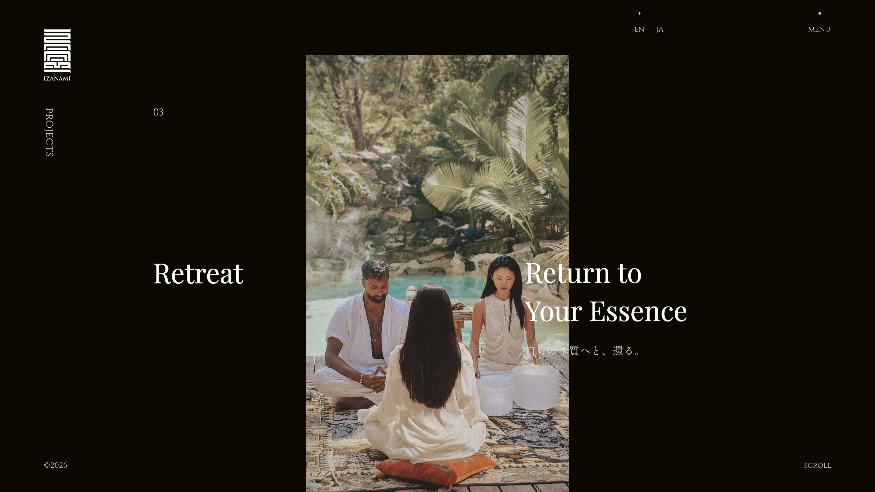 The Izanami Retreat page: the words Return to Your Essence running across a portrait photo of a sound-bath session by a pool
