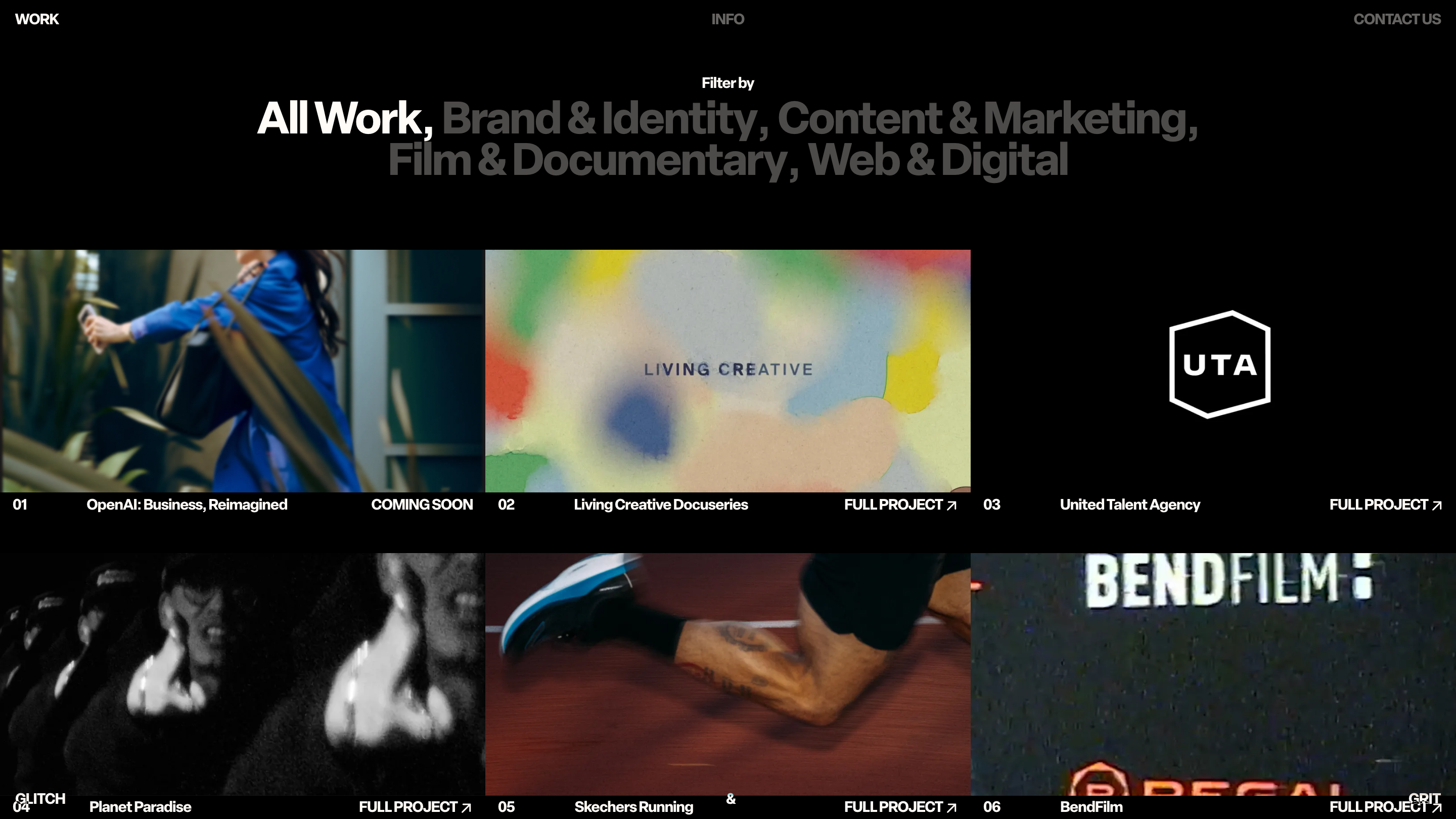 The Glitch&Grit work page, with the category filter set as one large grotesk sentence above a grid of video tiles