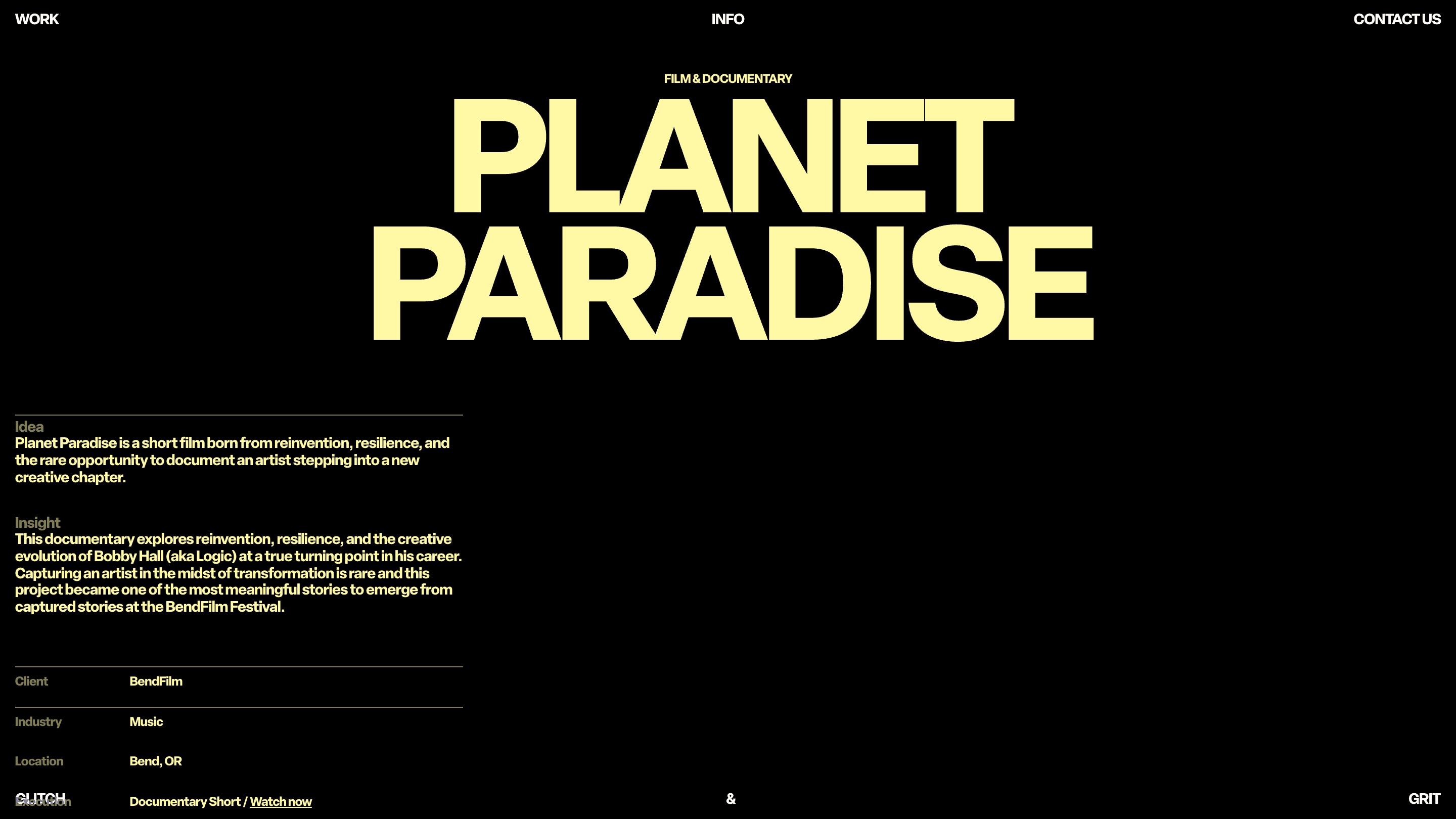 The Planet Paradise case study page: a yellow title on black, short Idea and Insight blocks, and a credits table