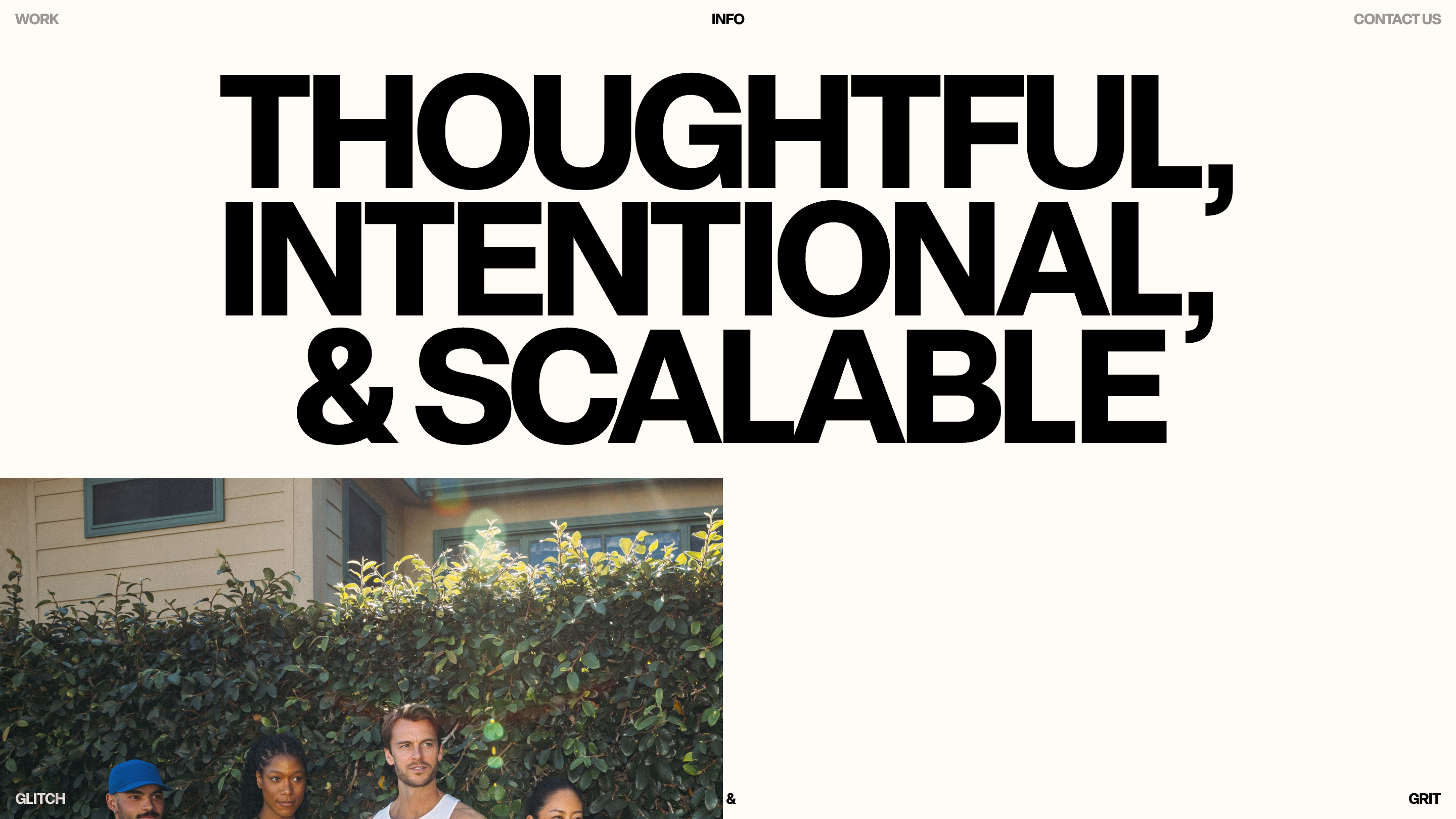 The Glitch&Grit info page, with a three-line statement set in black grotesk on off-white