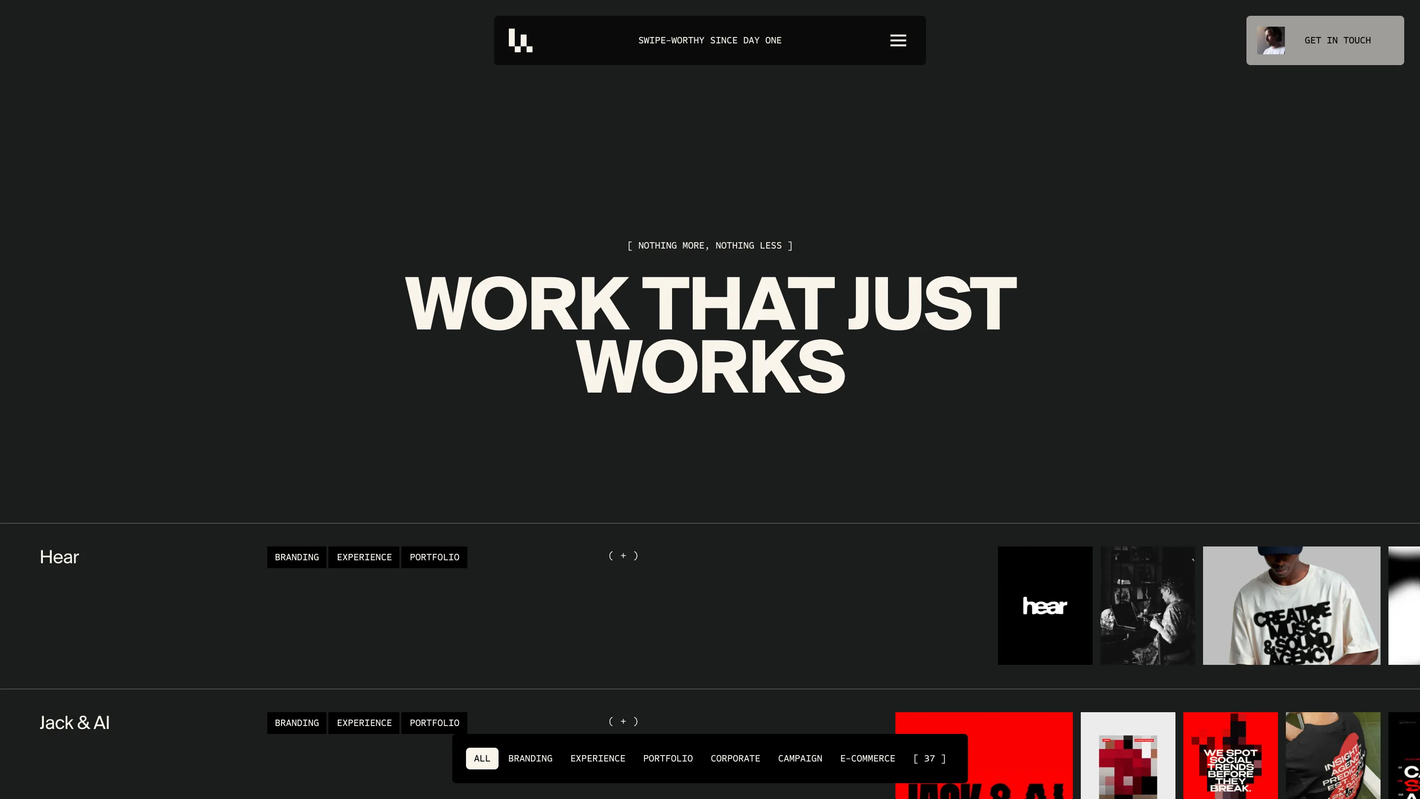 Lama Lama work page: dark background, the headline WORK THAT JUST WORKS, and a filter bar over a list of projects