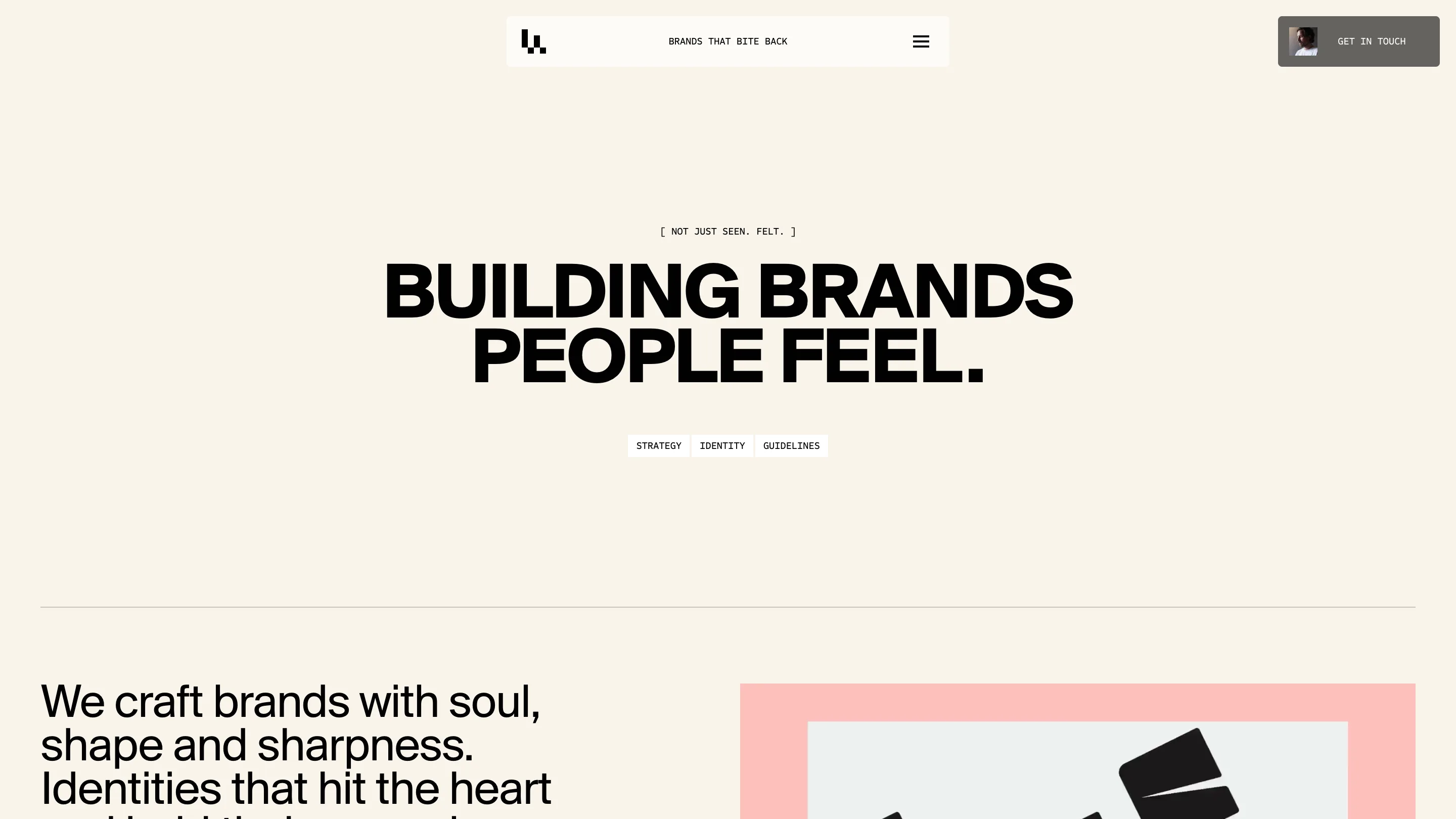 Lama Lama branding service page on cream, with the headline BUILDING BRANDS PEOPLE FEEL and three small tabs below it