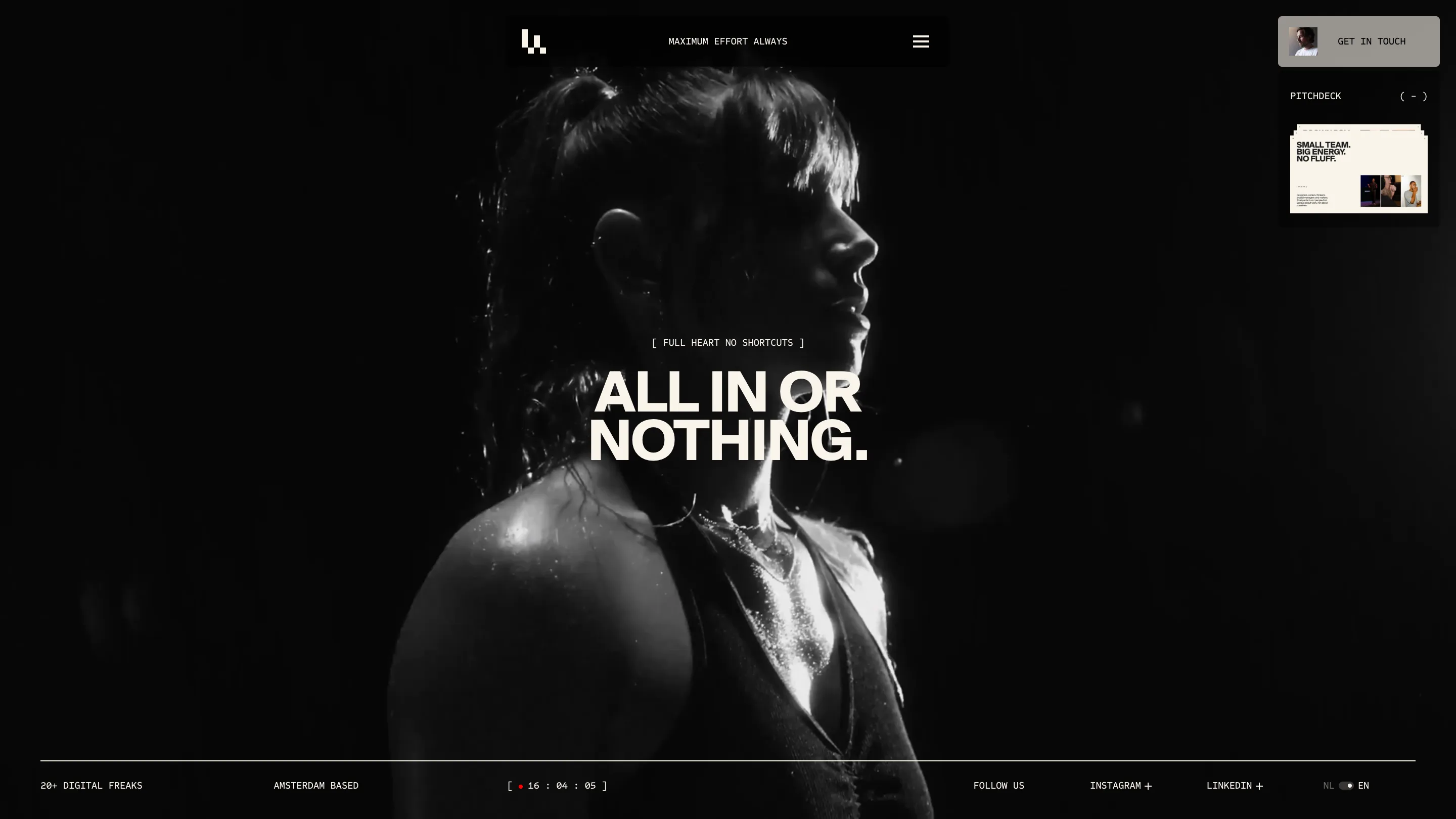 Lama Lama about page: high-contrast black and white portrait with the headline ALL IN OR NOTHING