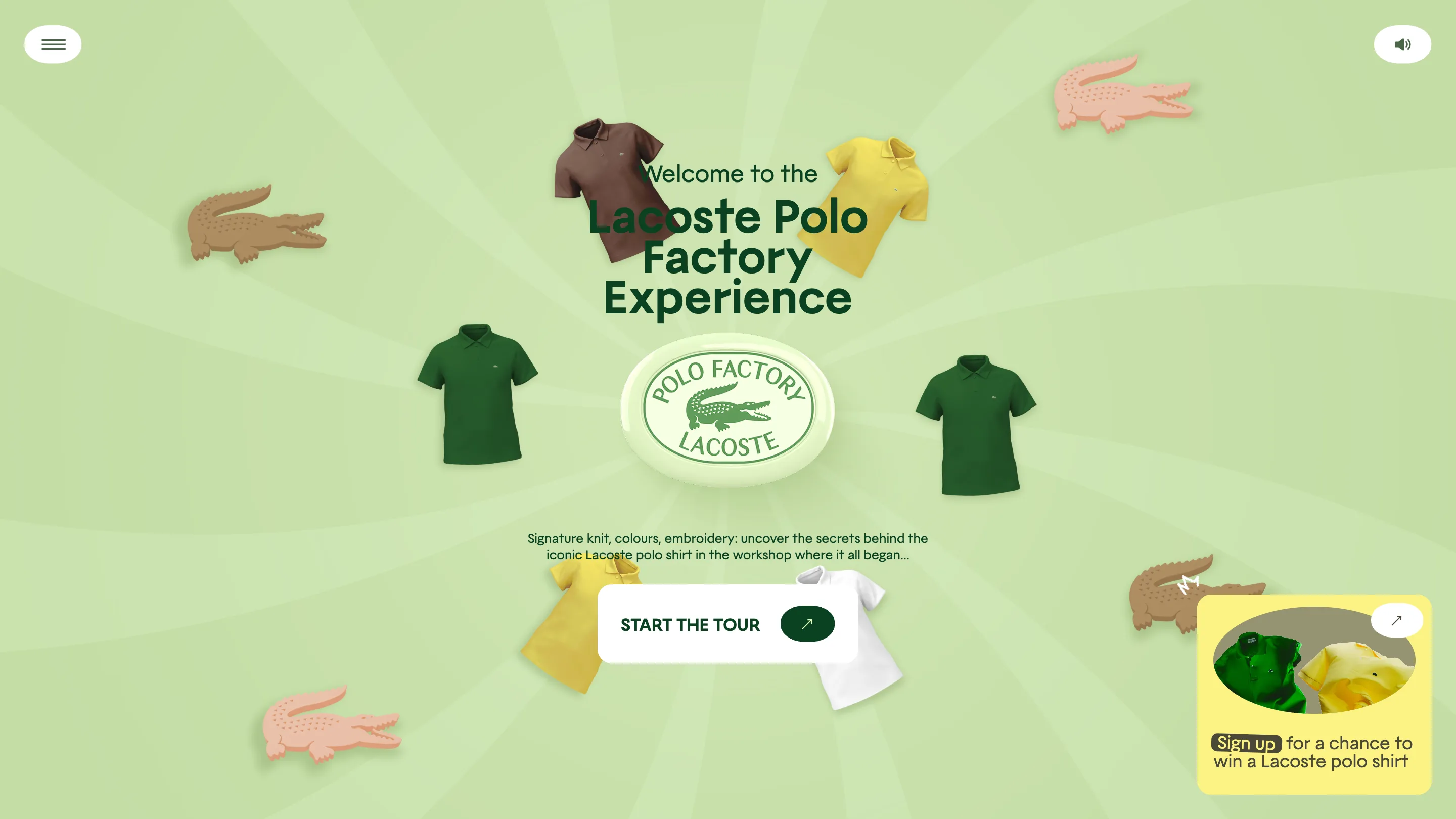 The Lacoste Polo Factory Experience entry screen: green background with crocodile motifs, floating polo shirts and a Start the Tour button