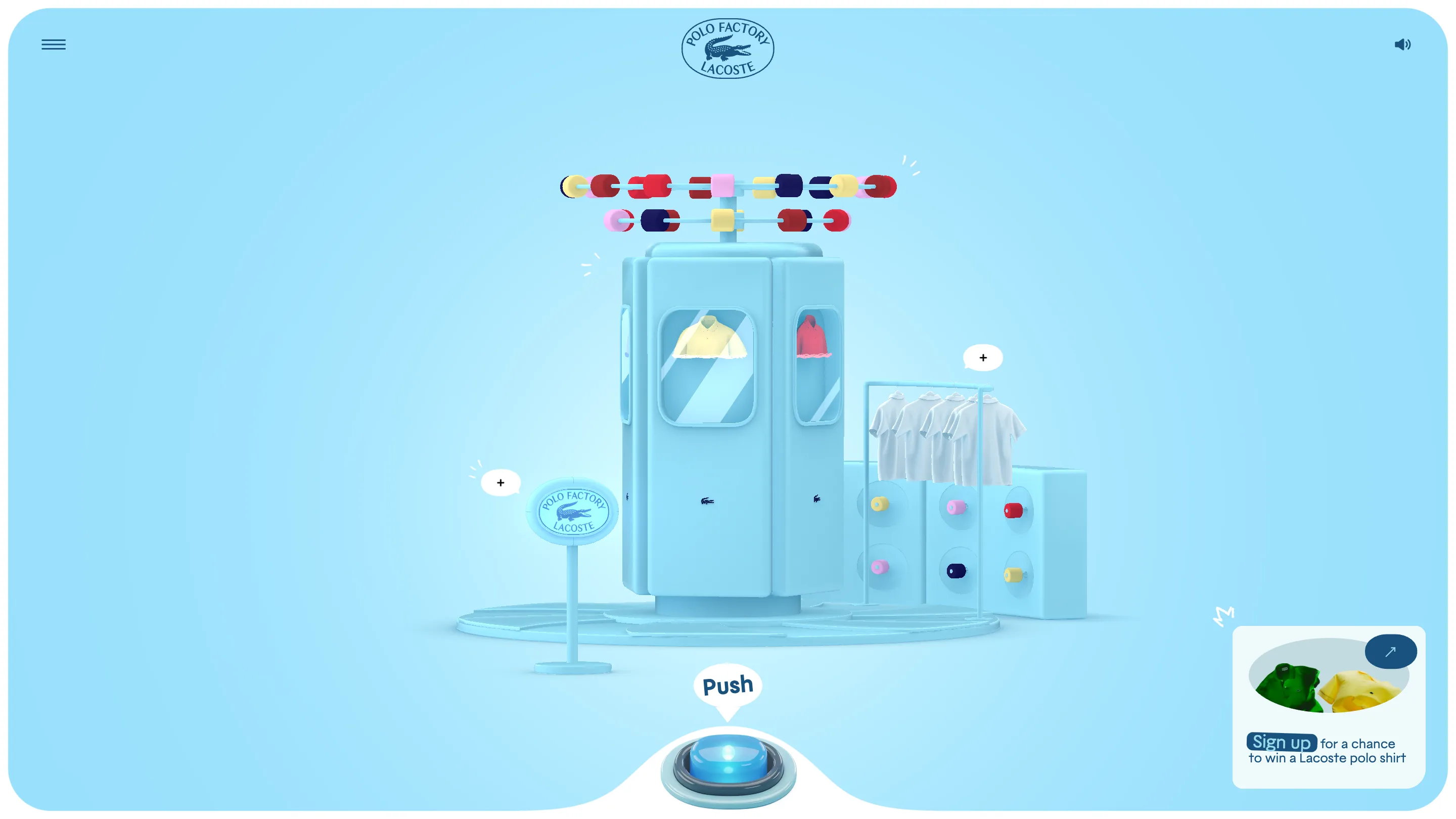 The Lacoste Polo Factory machine room, modelled entirely in pale blue with coloured thread reels above and a yellow polo knitting inside the cabinet