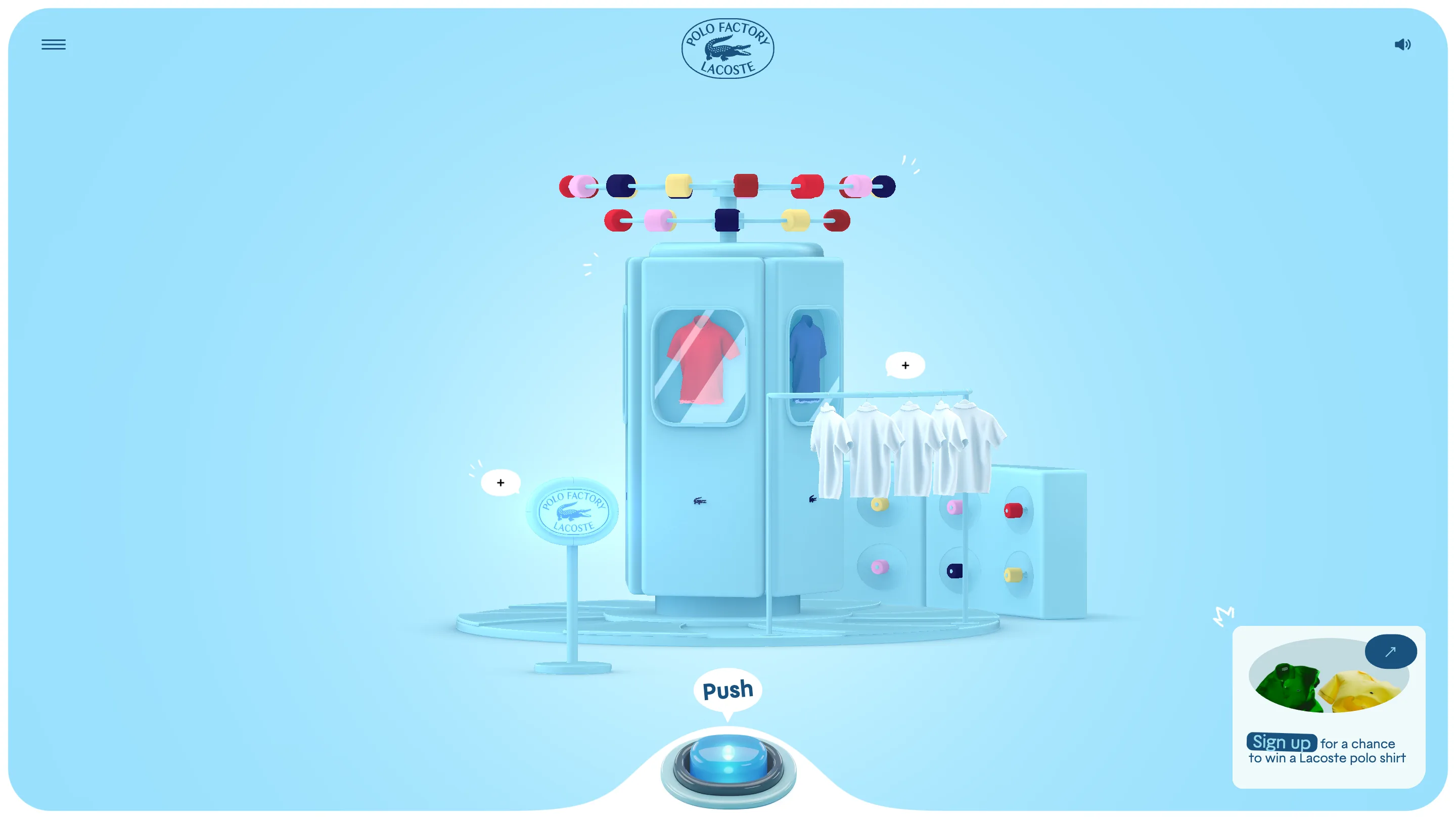 The dyeing stage, with a pink and a blue polo inside the cabinet windows and a rack of blank white polos beside the machine