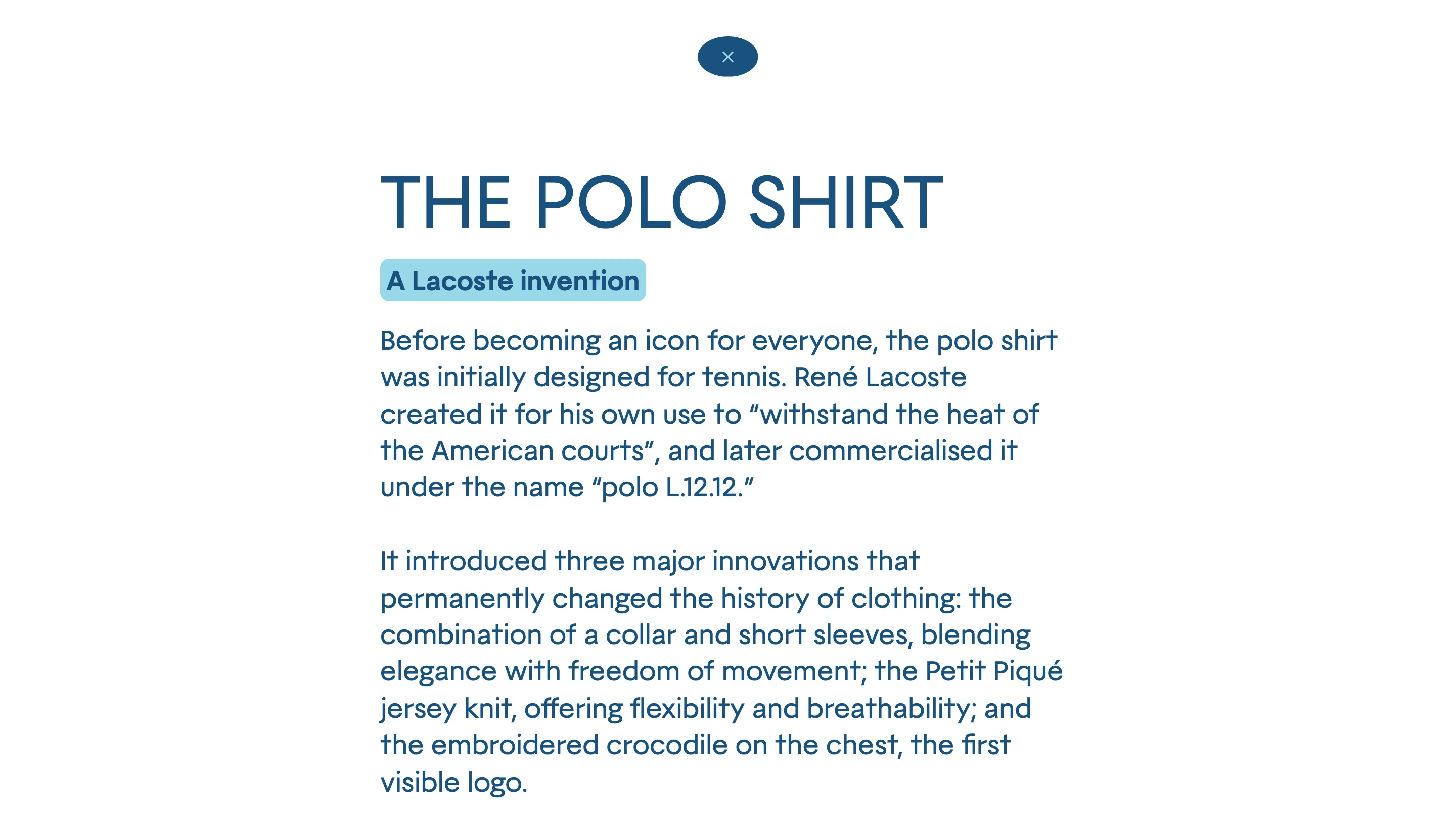 A full-screen text panel titled The Polo Shirt in heavy blue display type, explaining the L.12.12 and the Petit Piqué knit
