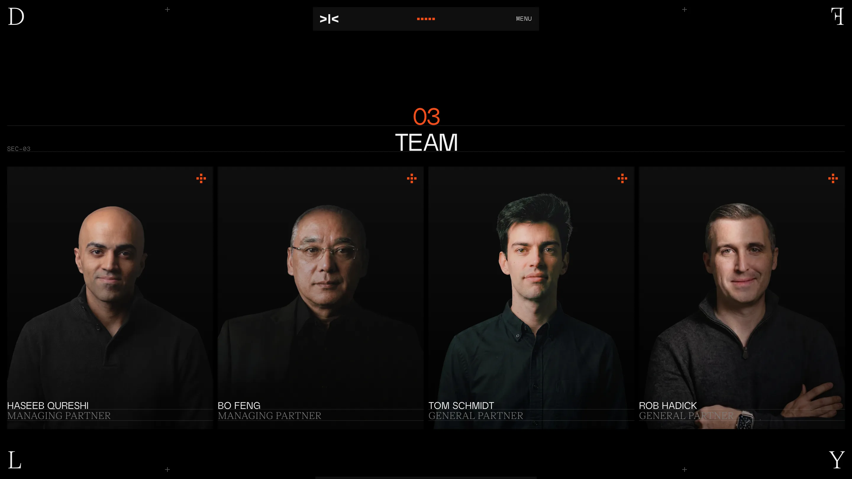 Dragonfly's team section: four low-key portraits on black, names in grotesk, roles in a grey serif