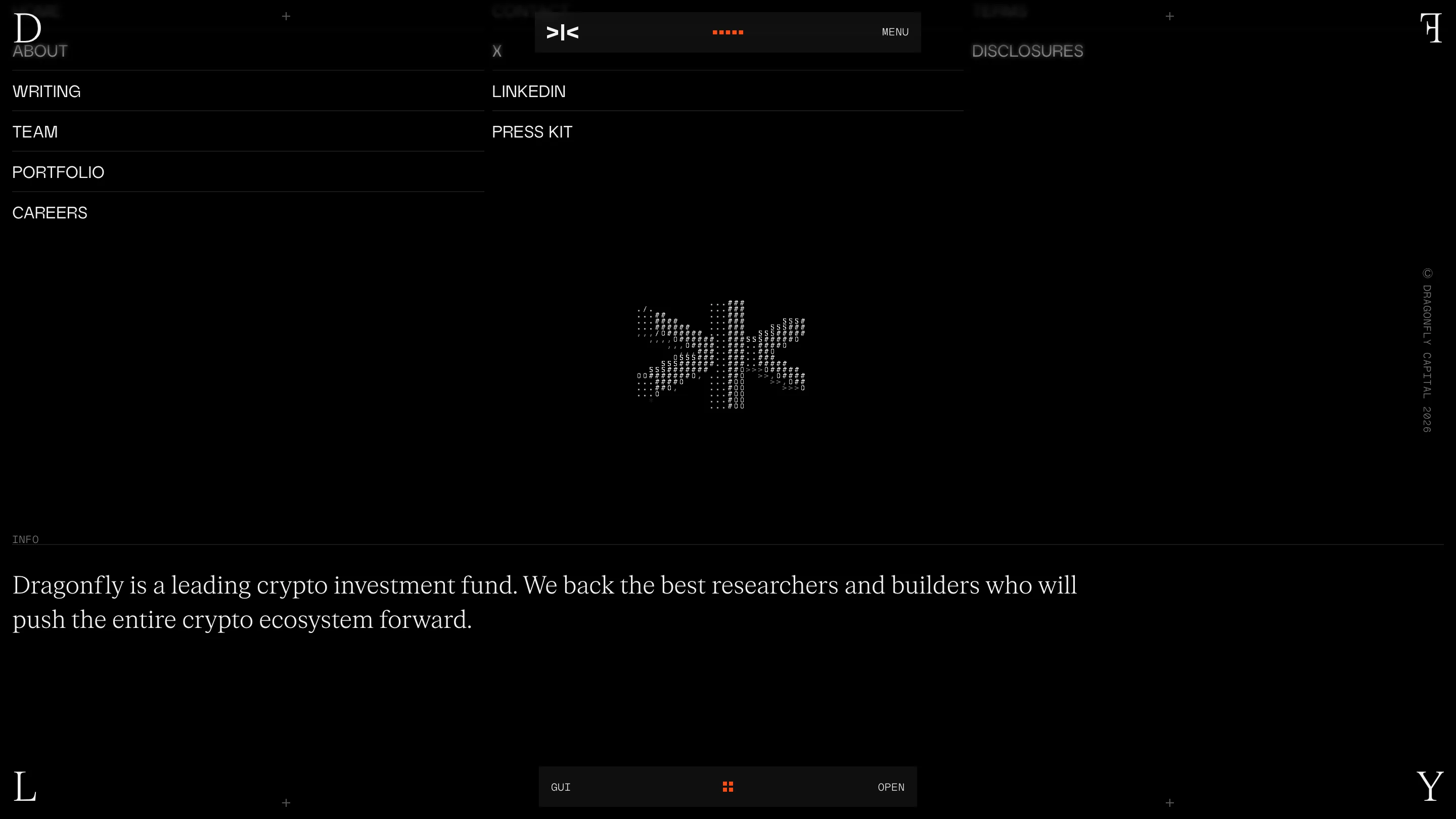 Dragonfly's footer: a small ASCII logo mark, menu links in grotesk, and the fund's positioning line set large in a Didone serif