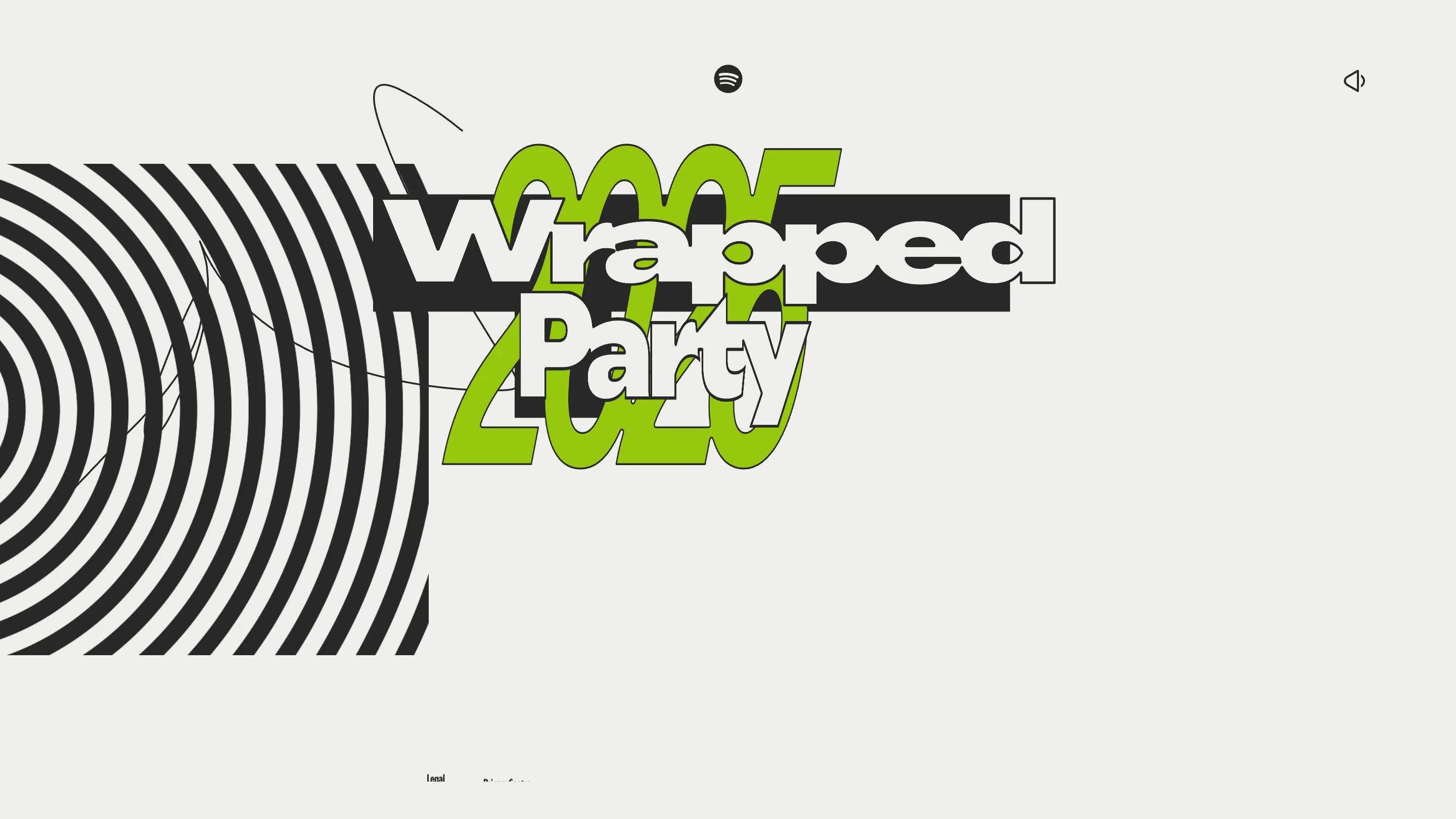 Spotify Wrapped Party landing screen: heavy black and white display type reading Wrapped Party over a green 2025, with a concentric black ripple pattern on an off-white ground
