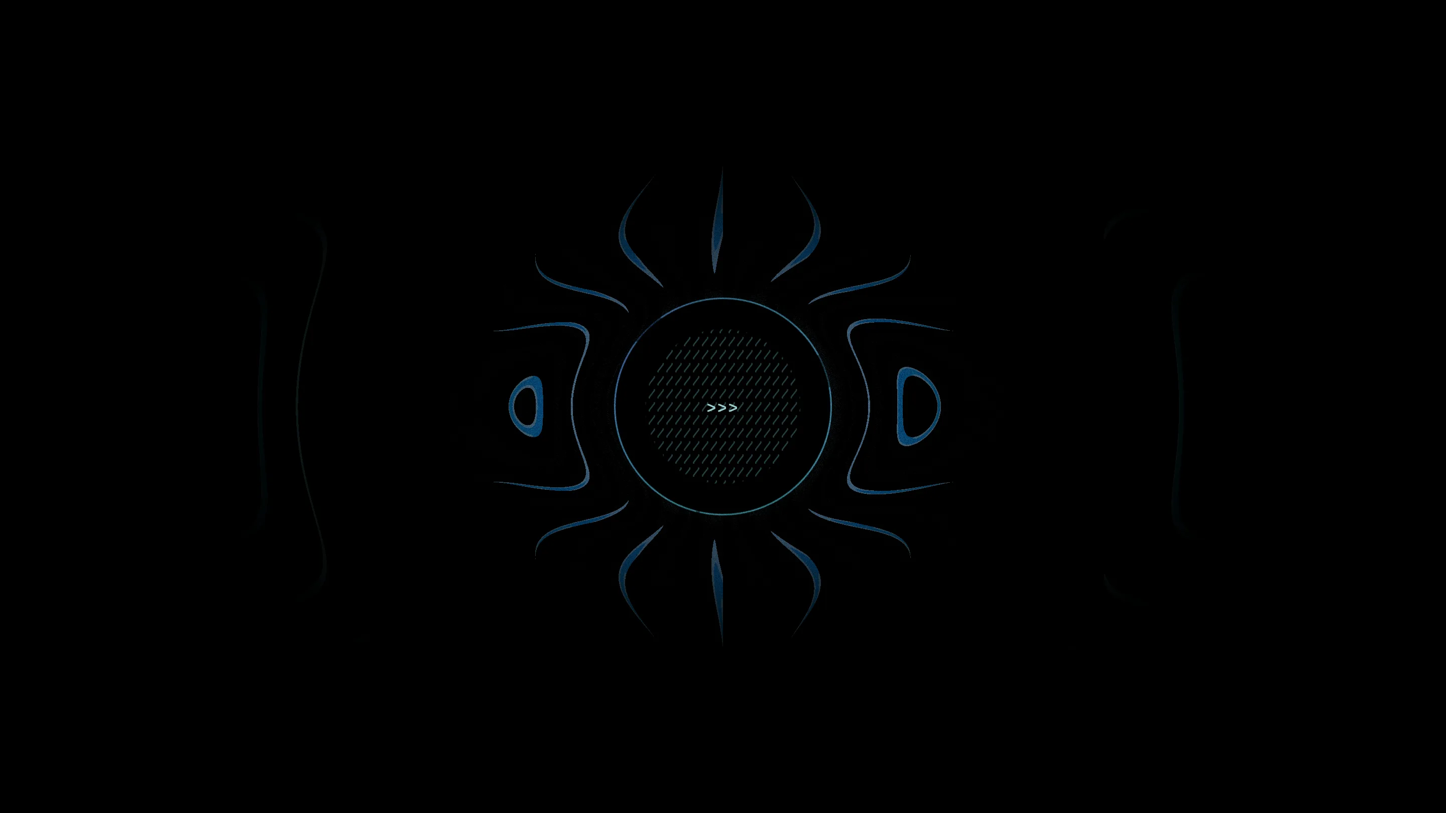 Active Theory's work index, a symmetrical WebGL emblem rendered in blue line on black