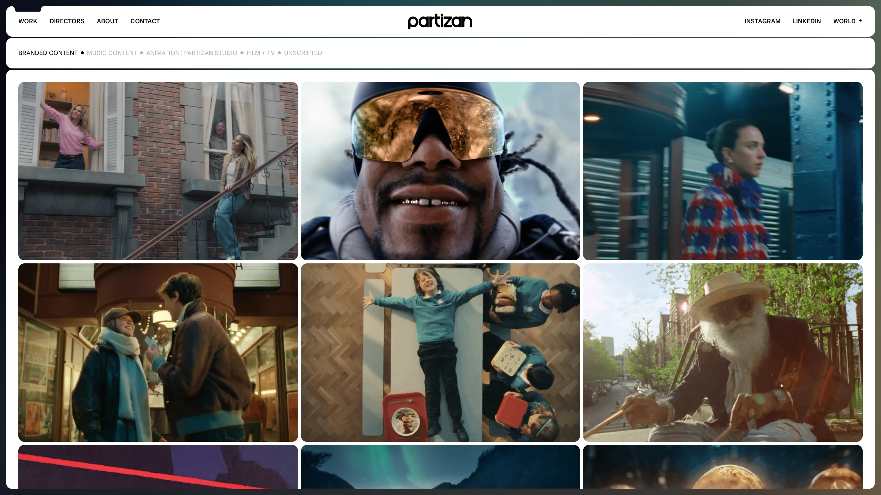 The Partizan Work page: a grid of autoplaying stills under a quiet row of text category filters.