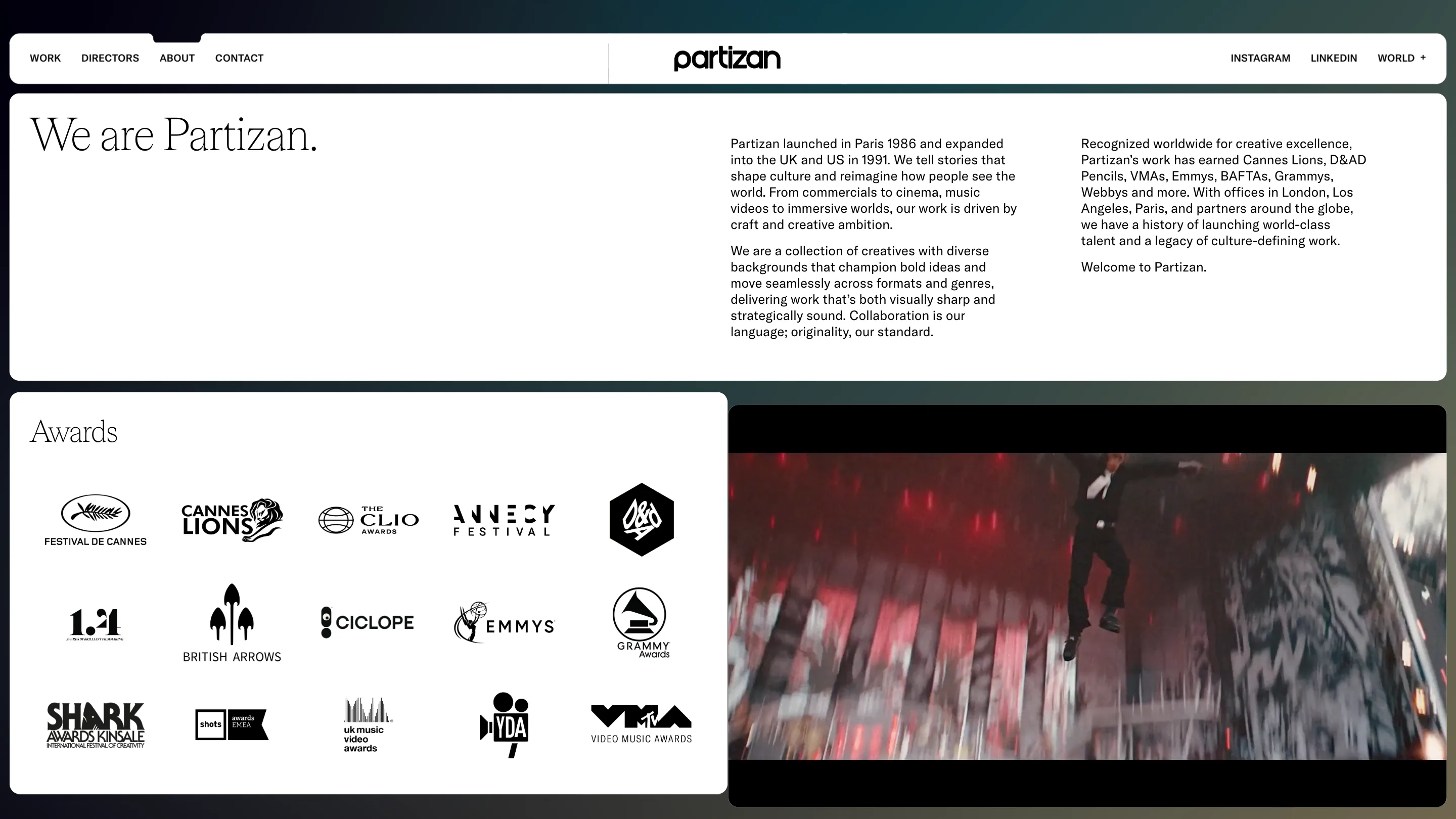 The Partizan About page: a large serif "We are Partizan" headline above a wall of award logos.