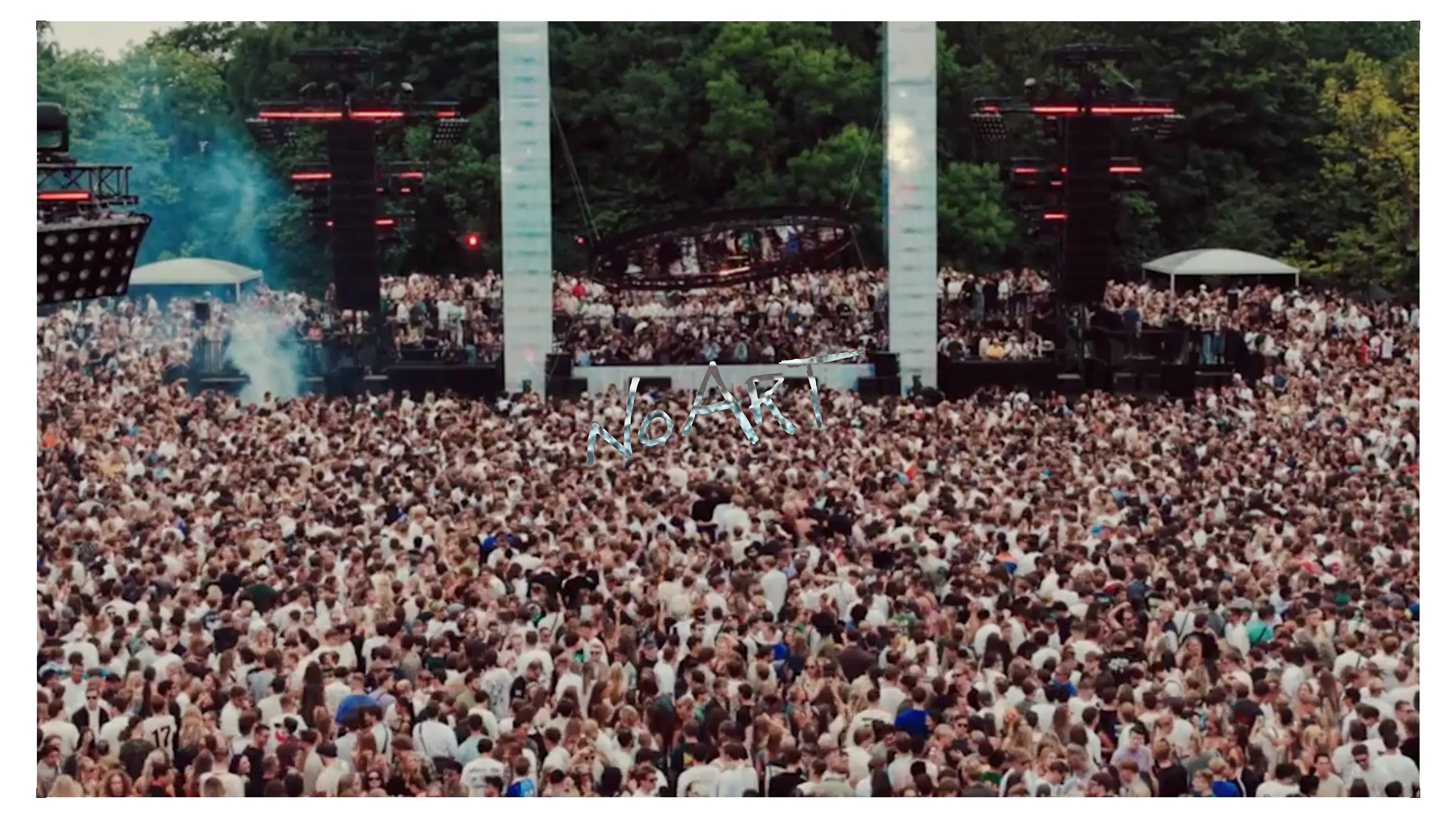 No Art homepage: a full-bleed, desaturated video still of a huge festival crowd, with the hand-scrawled No Art logo tagged across the middle