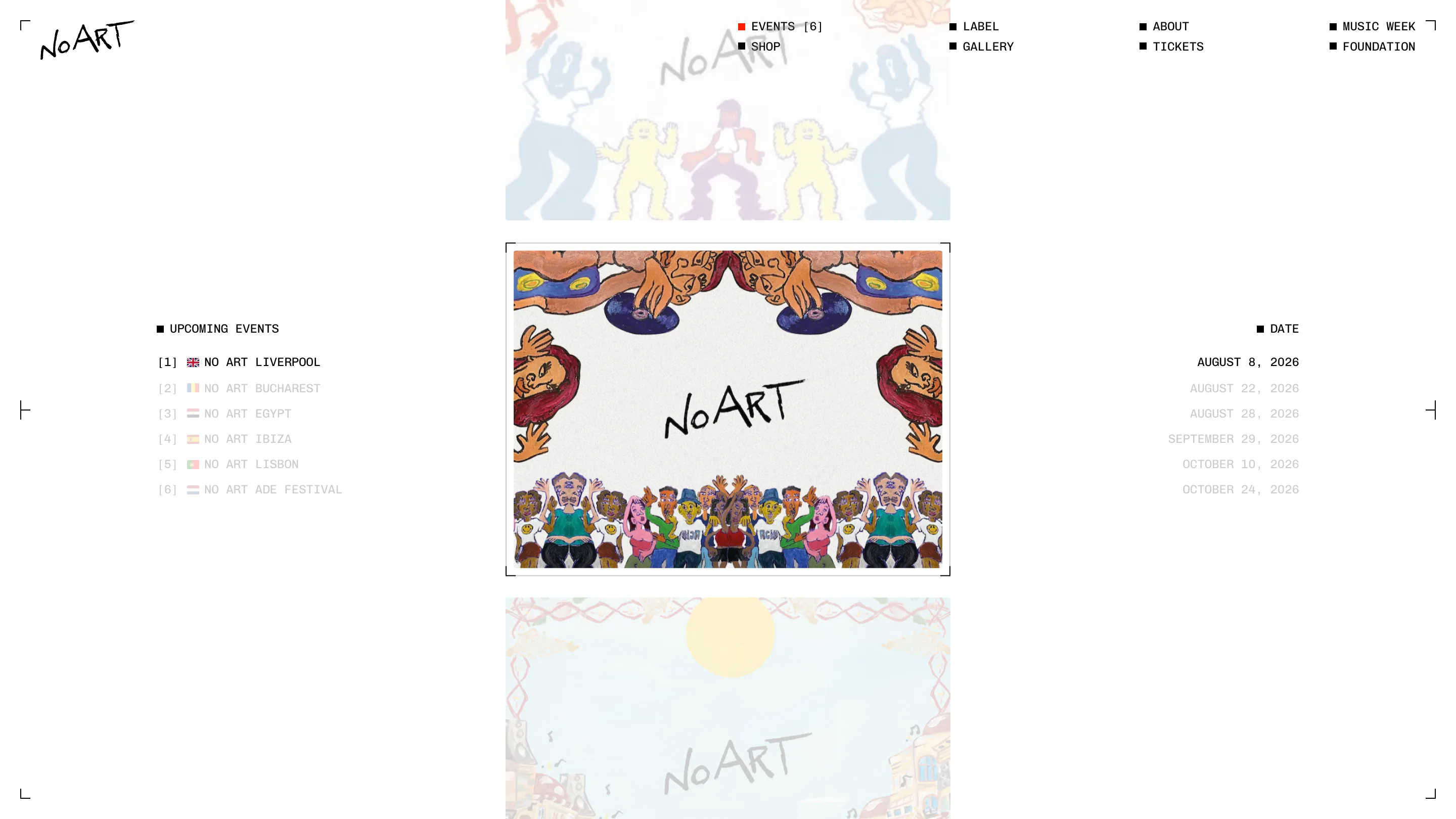 No Art events page: a mirrored hand-painted illustration framed by crop marks, with a numbered event index on the left and dates on the right