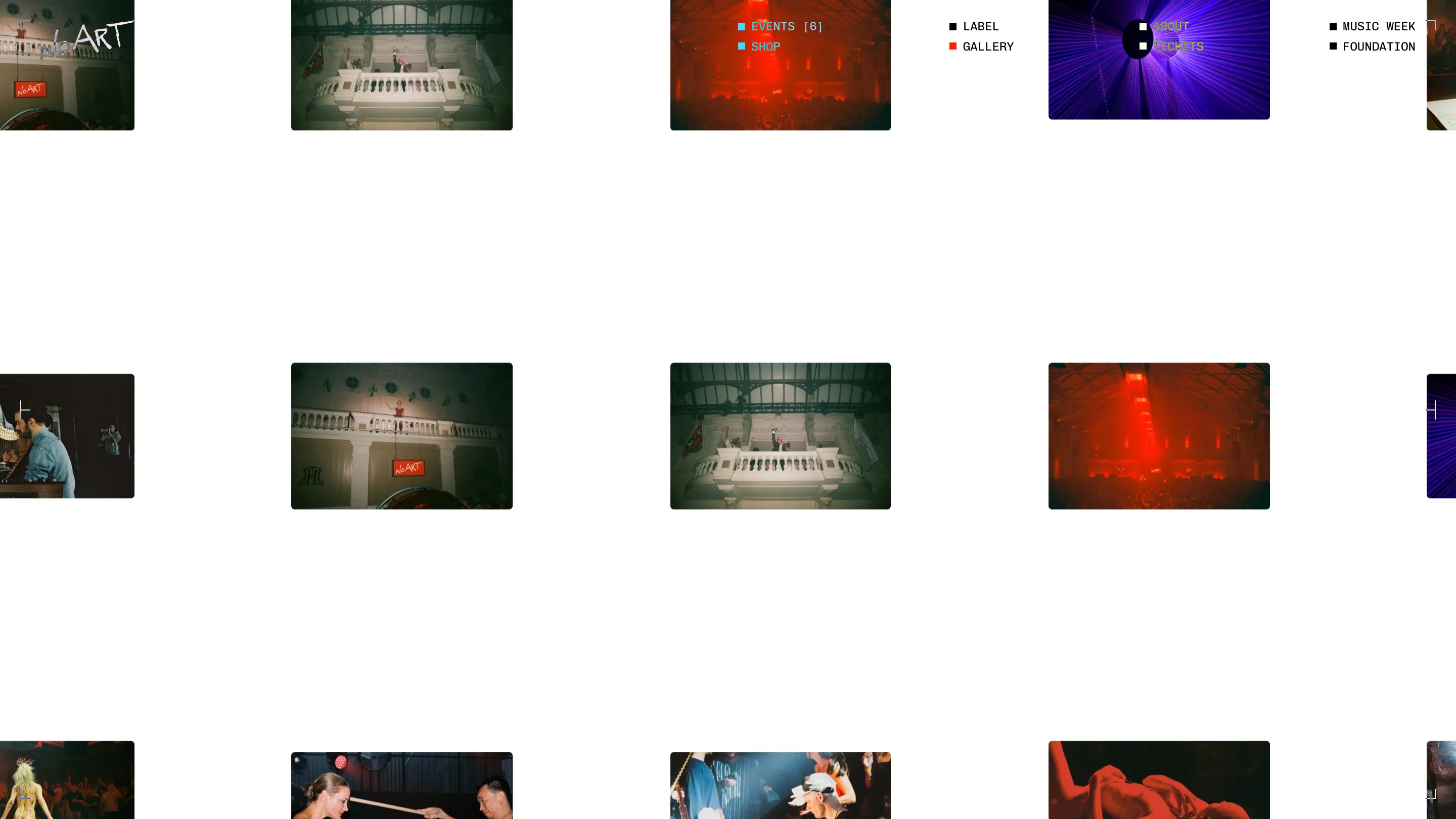 No Art gallery page: grainy film photographs of club and festival nights scattered across a white field with wide margins