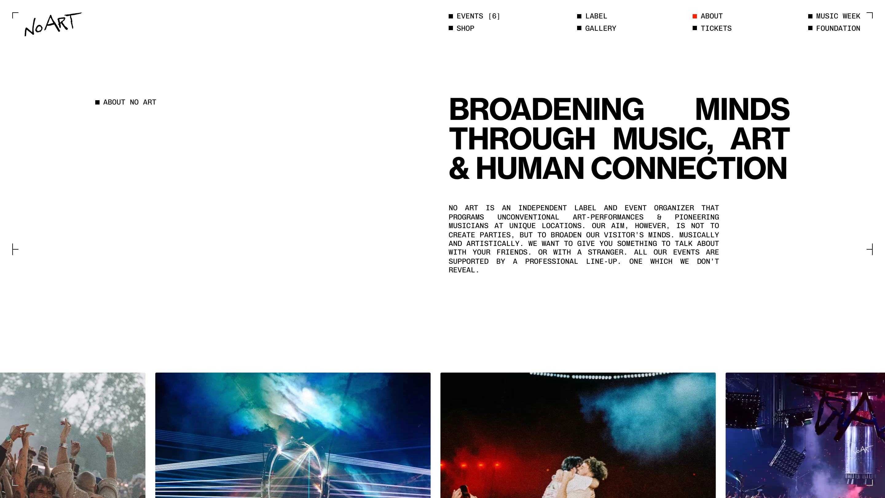 No Art about page: a large bold headline reading broadening minds through music, art and human connection, with a monospace paragraph beneath