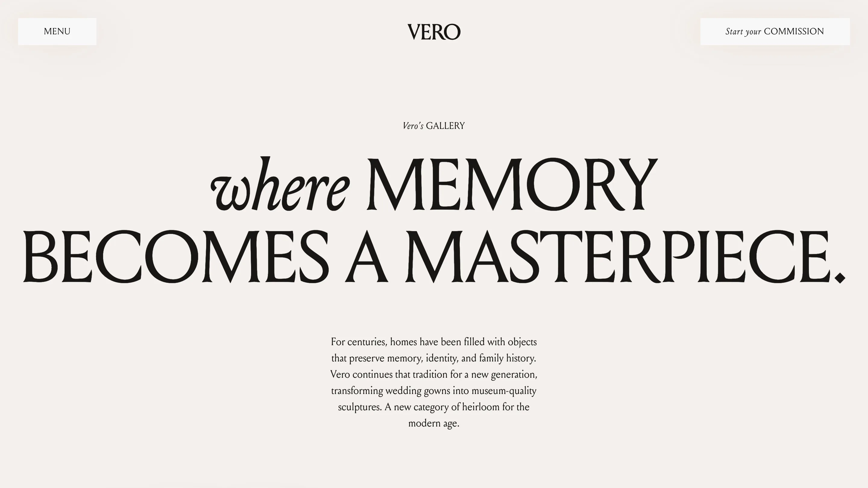 Vero gallery headline where MEMORY BECOMES A MASTERPIECE above a short serif paragraph