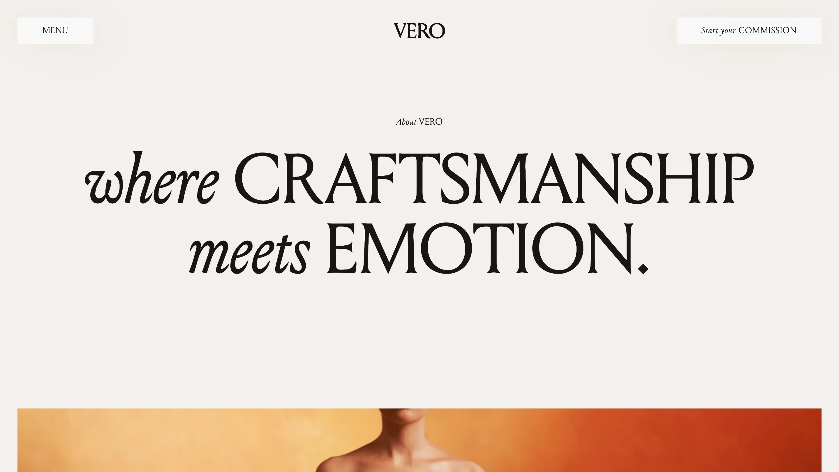Vero about headline where CRAFTSMANSHIP meets EMOTION over a warm studio portrait