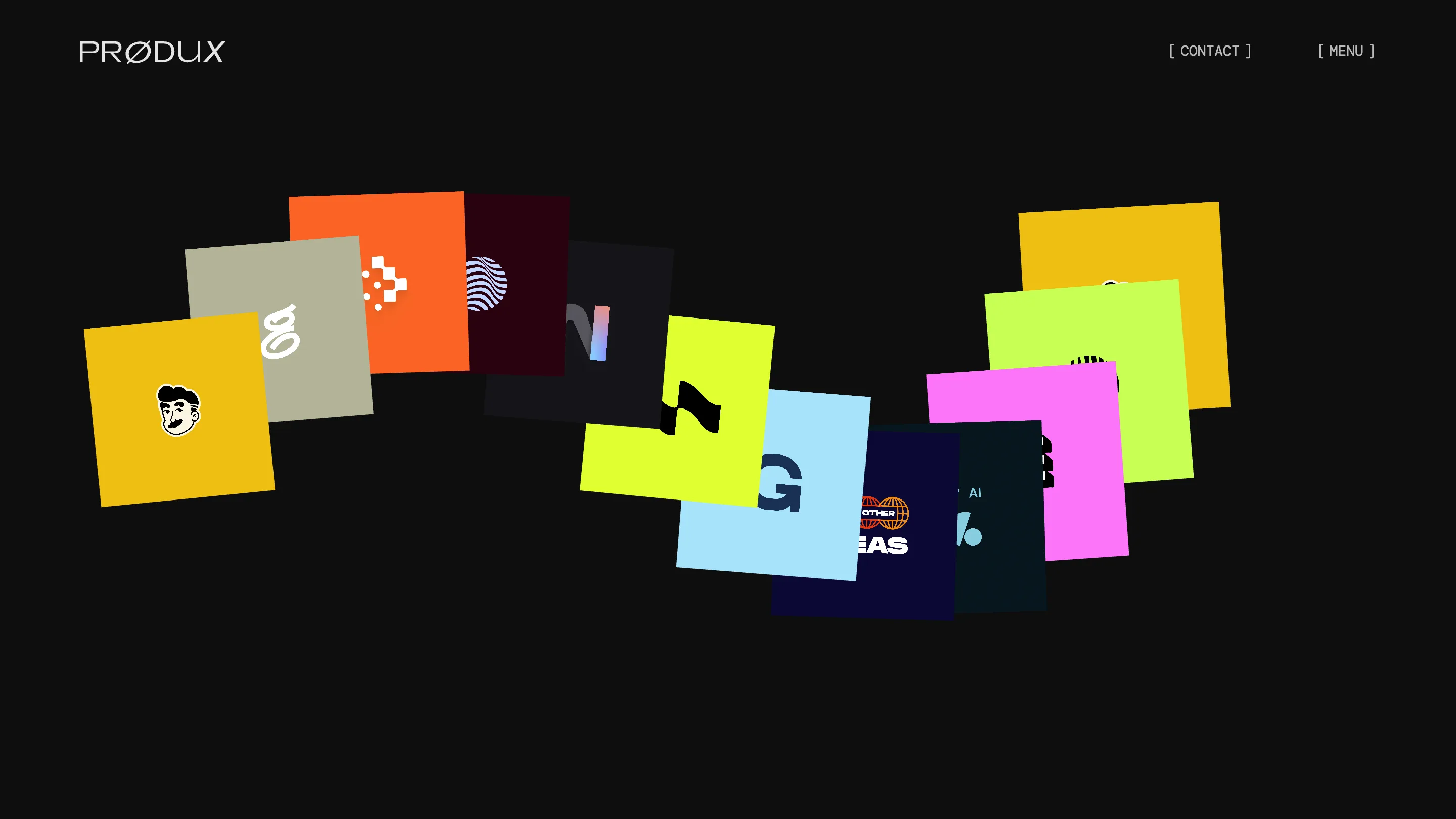 The Prødux work reel, saturated project tiles floating on black