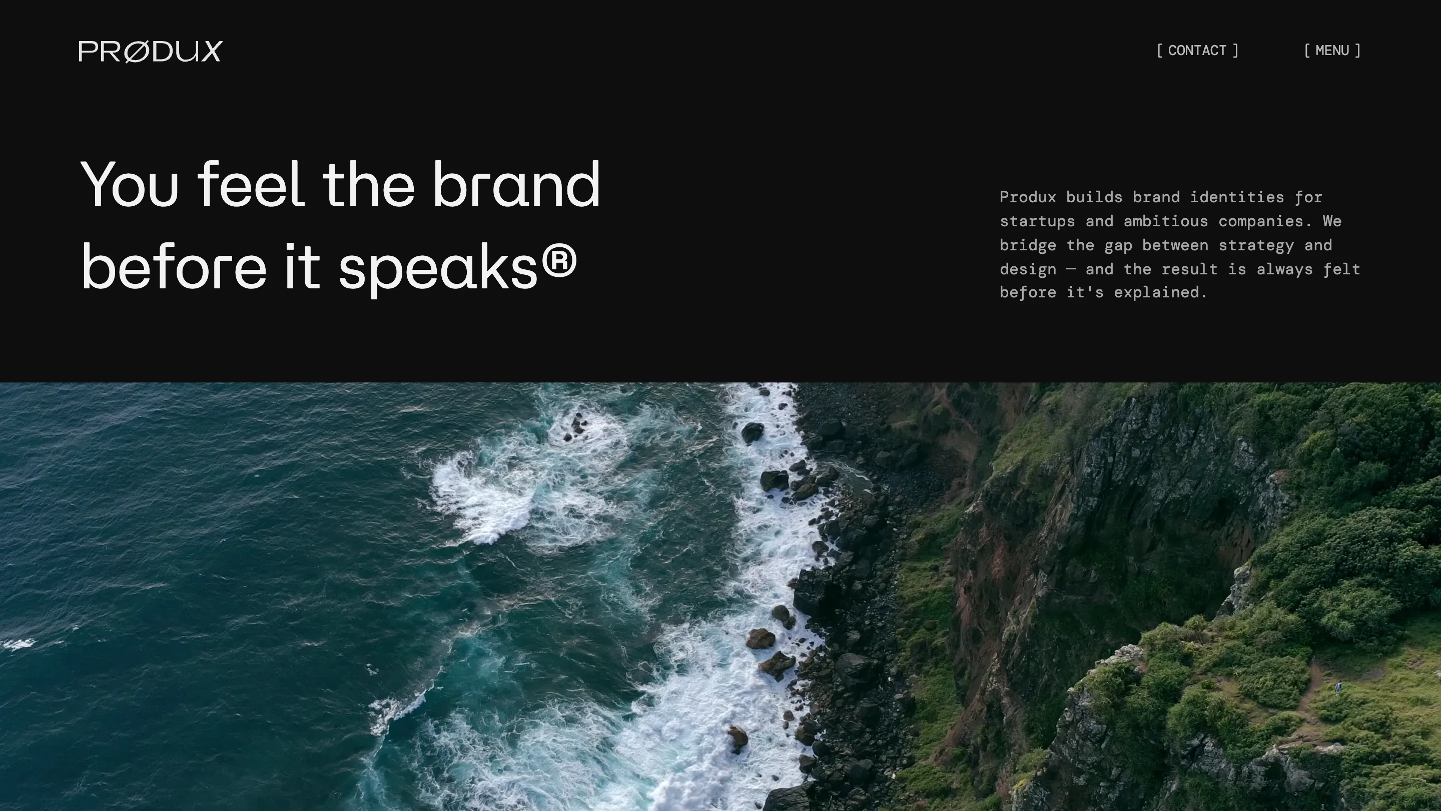 The Prødux homeline set over an aerial coastline shot