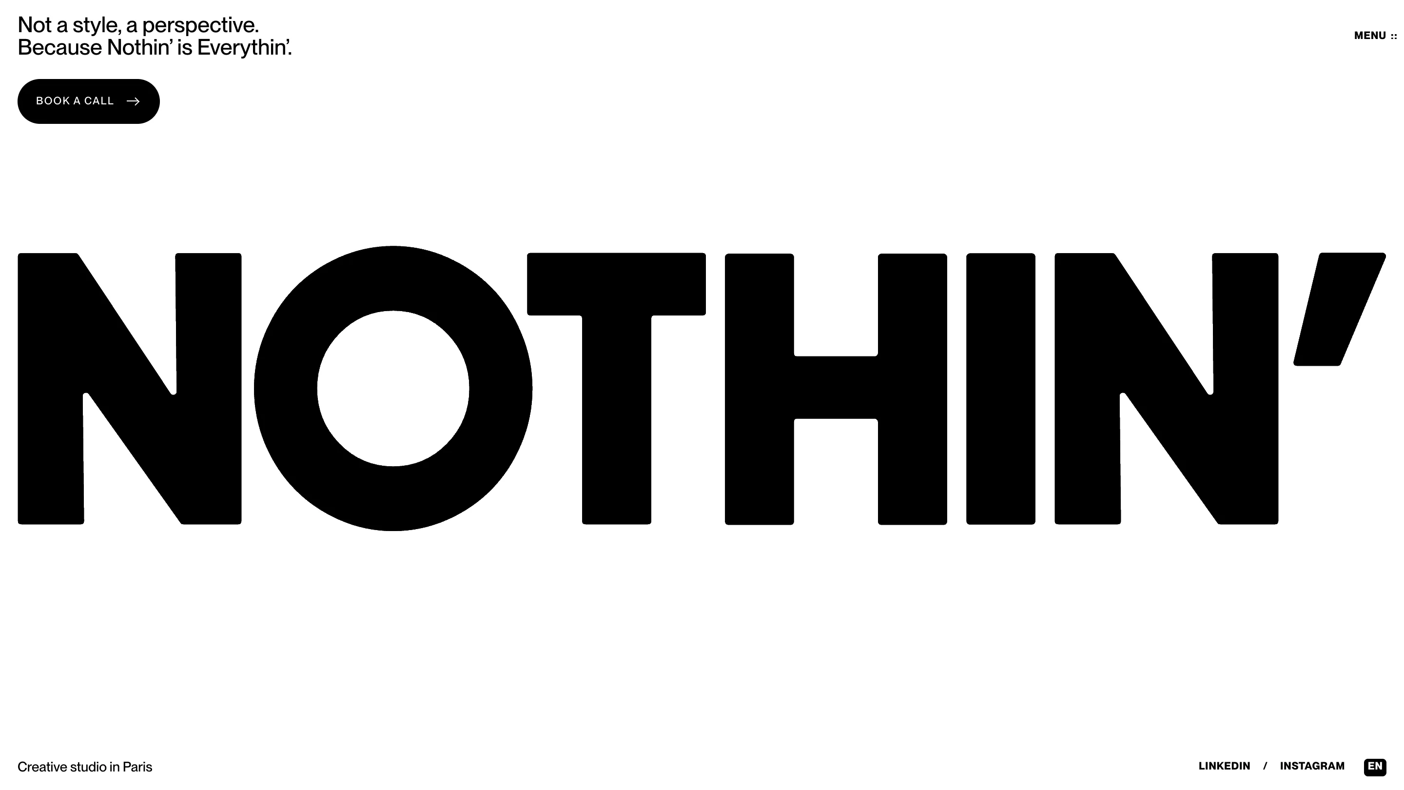 Nothin's homepage: the studio name set as a giant black wordmark on white, filling the screen