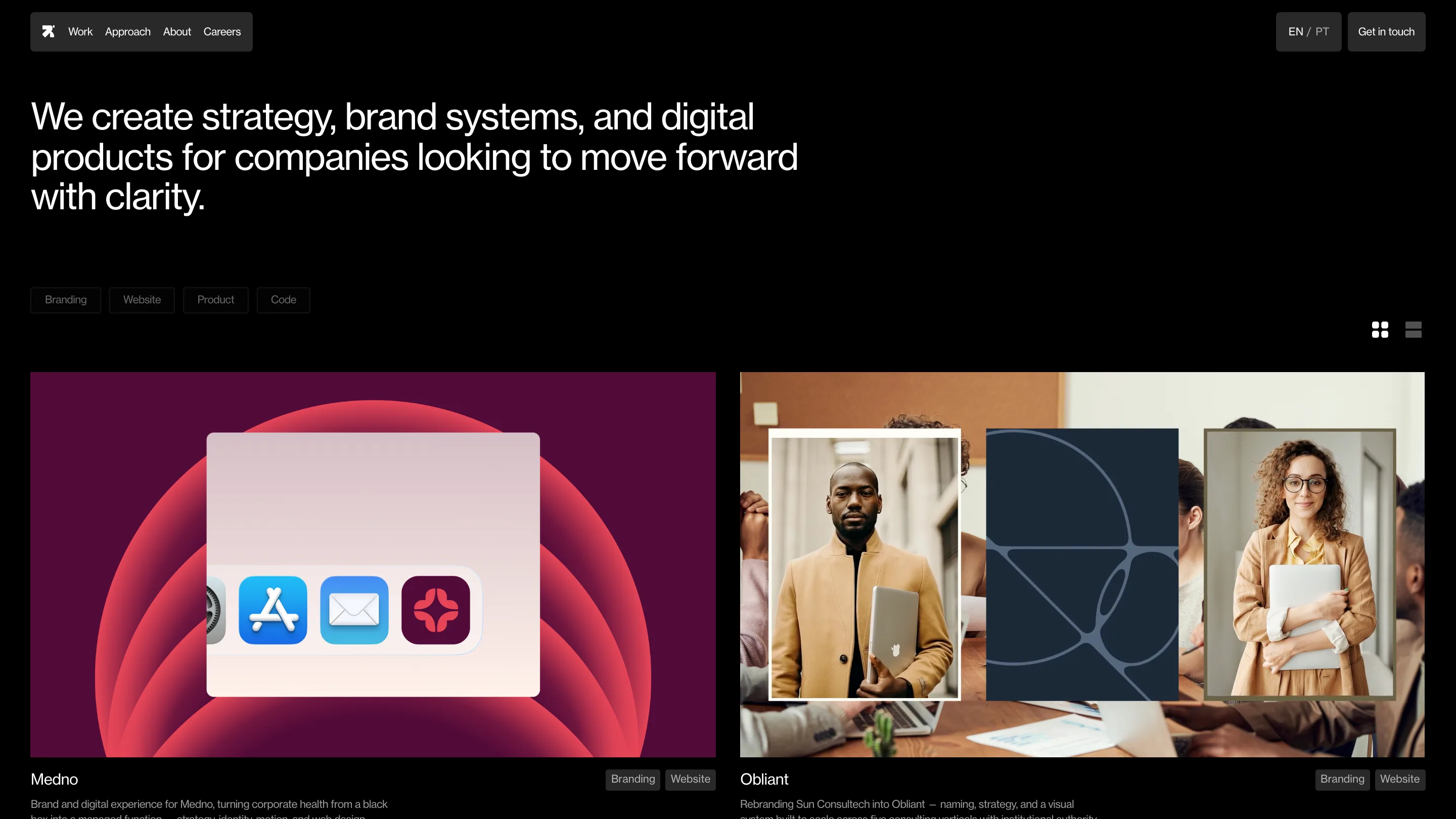 Revelatio's work index: a plain white headline on near-black above two project cards, a magenta Medno gradient and the photographic Obliant tile
