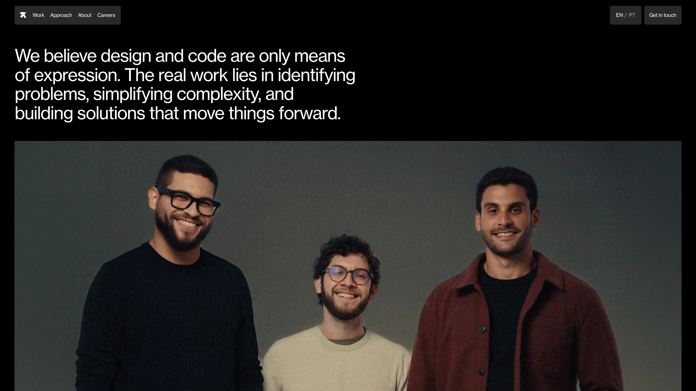 Revelatio's approach page: a plain-spoken headline above a dark studio portrait of the founders
