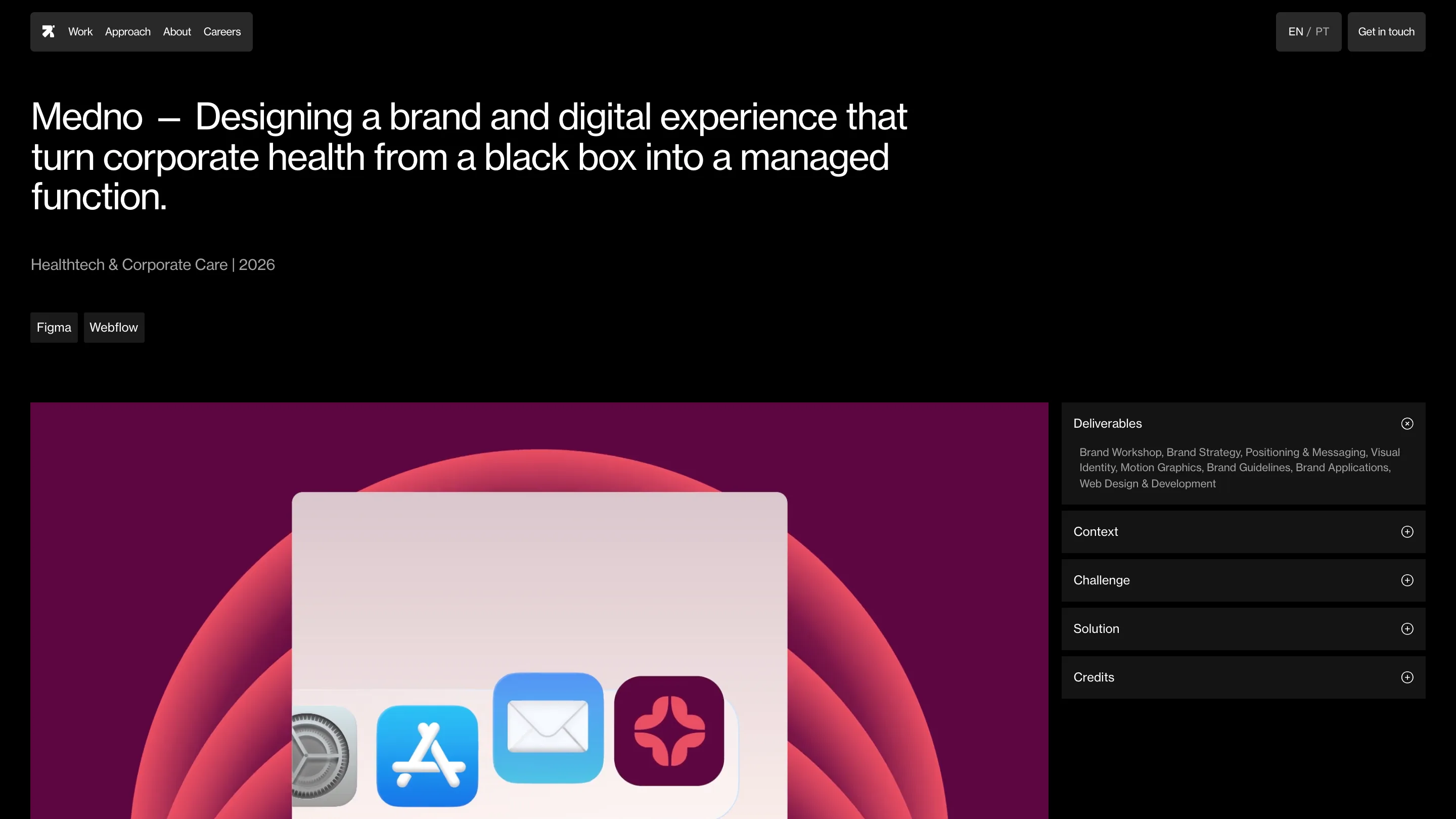Revelatio's Medno case study: a magenta gradient hero and a right-side accordion listing deliverables