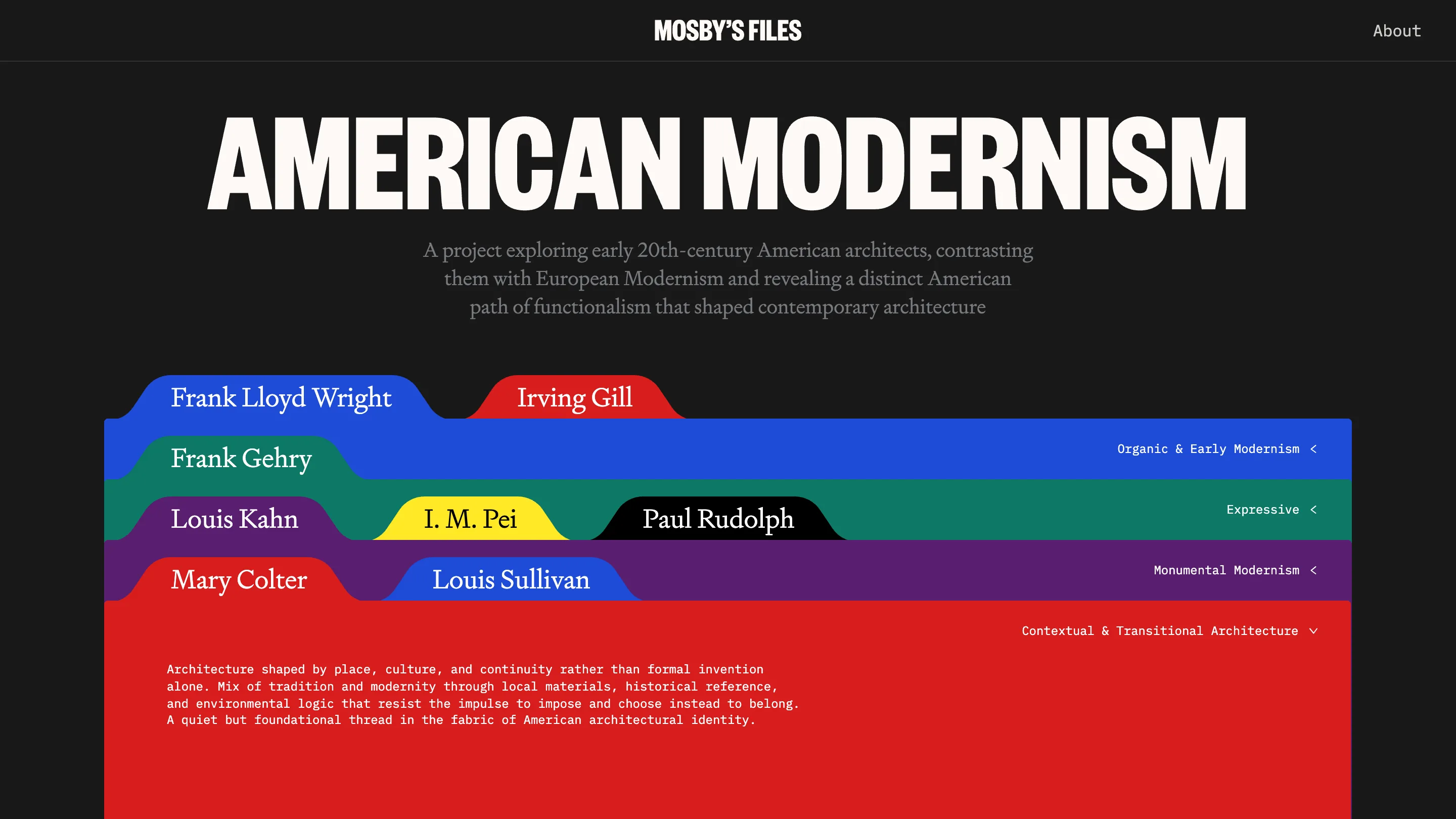 The Mosby's Files homepage: a giant condensed headline reading American Modernism over a stack of coloured architect folders on black