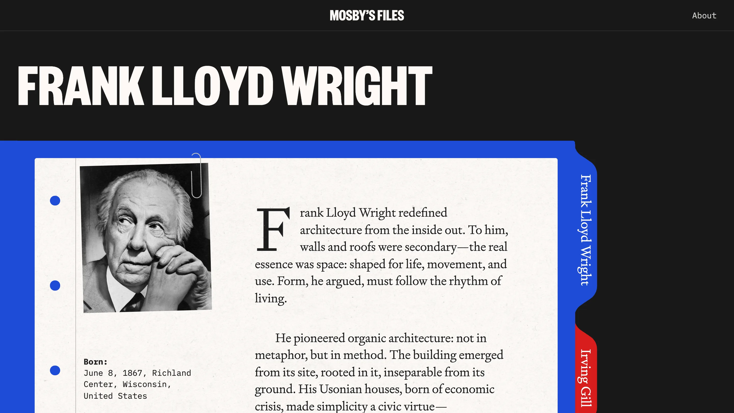 Frank Lloyd Wright's file open on a blue folder, his portrait held by a paperclip
