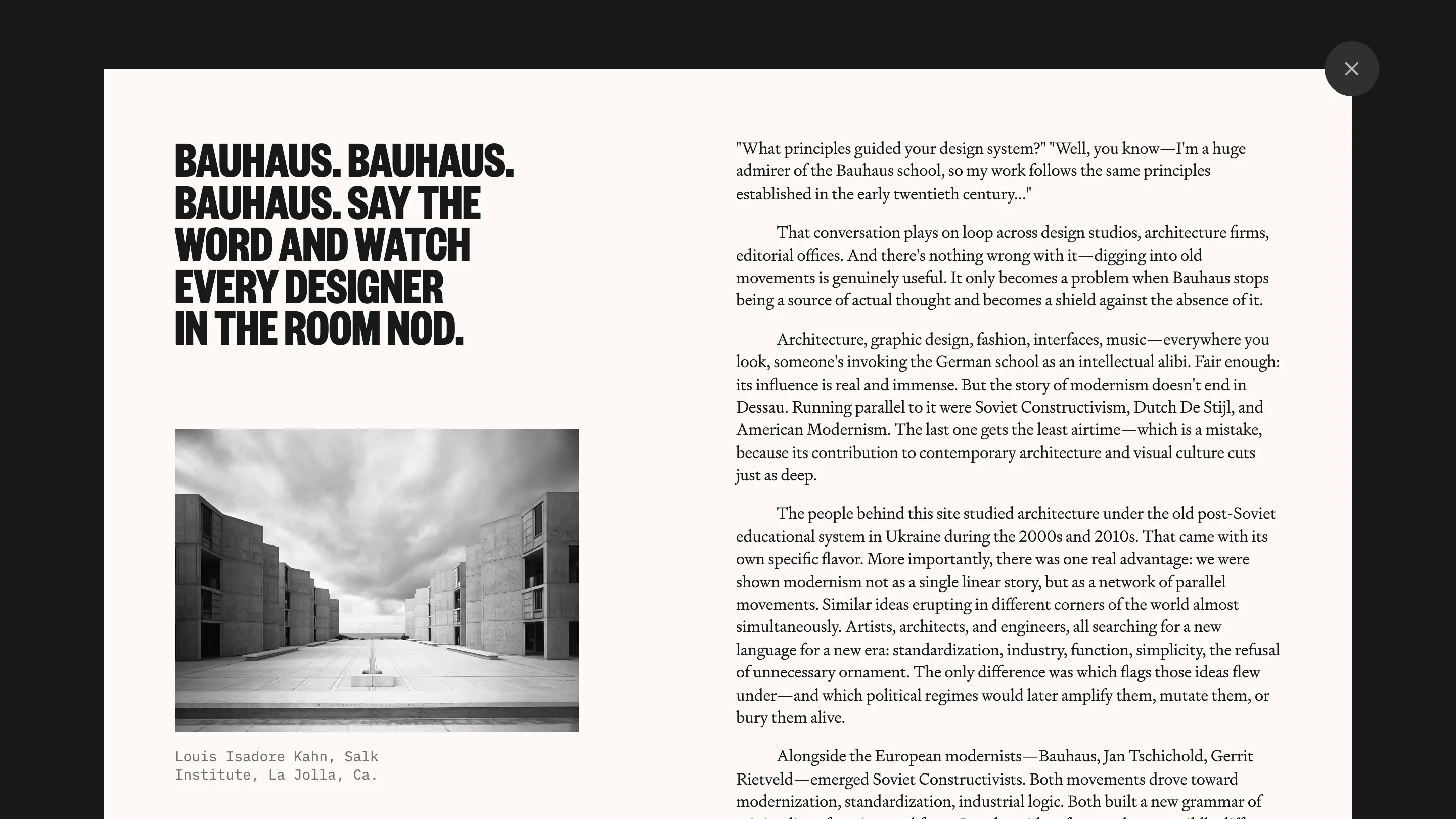 The About overlay: a Bauhaus headline over serif columns and a photo of Kahn's Salk Institute