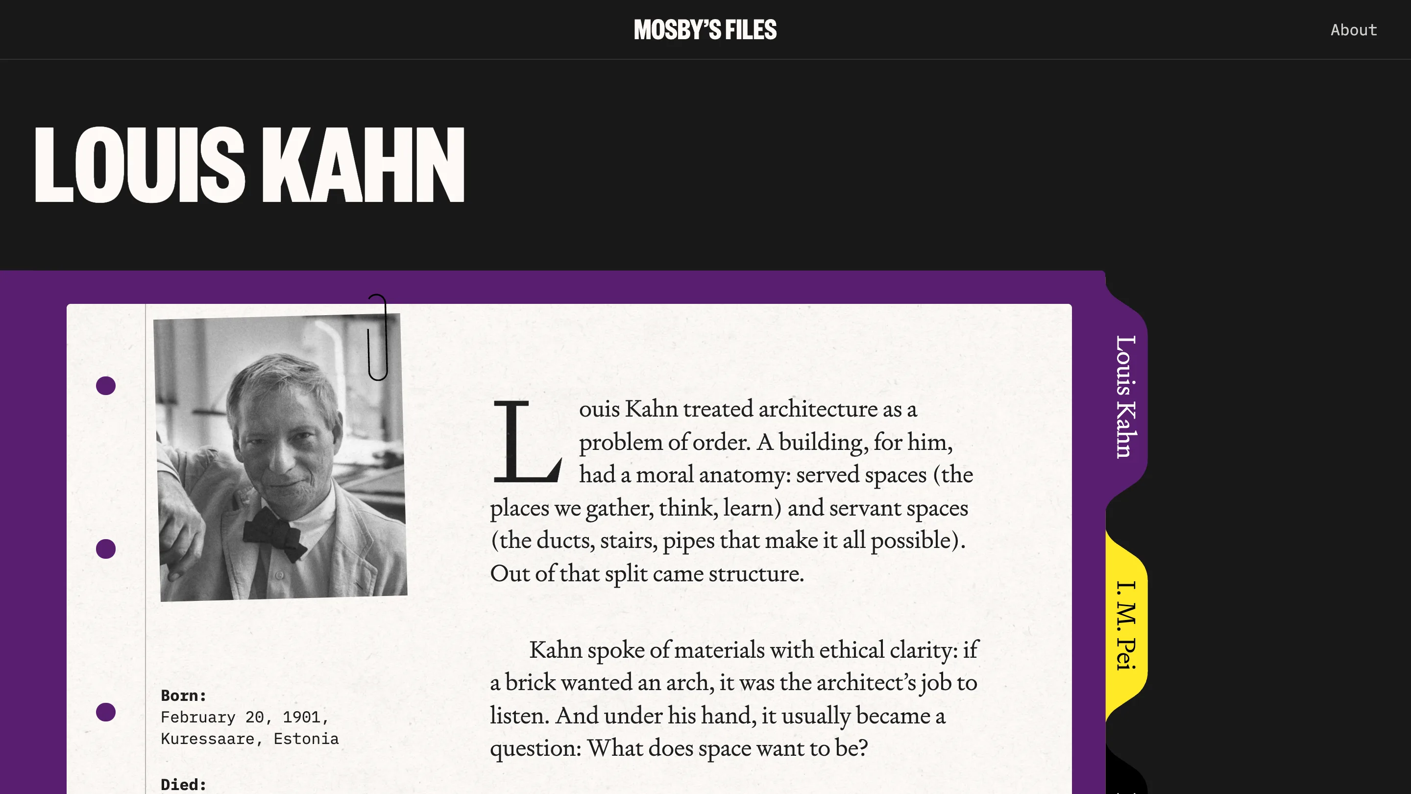 Louis Kahn's file: a condensed display name over serif body text and monospace metadata