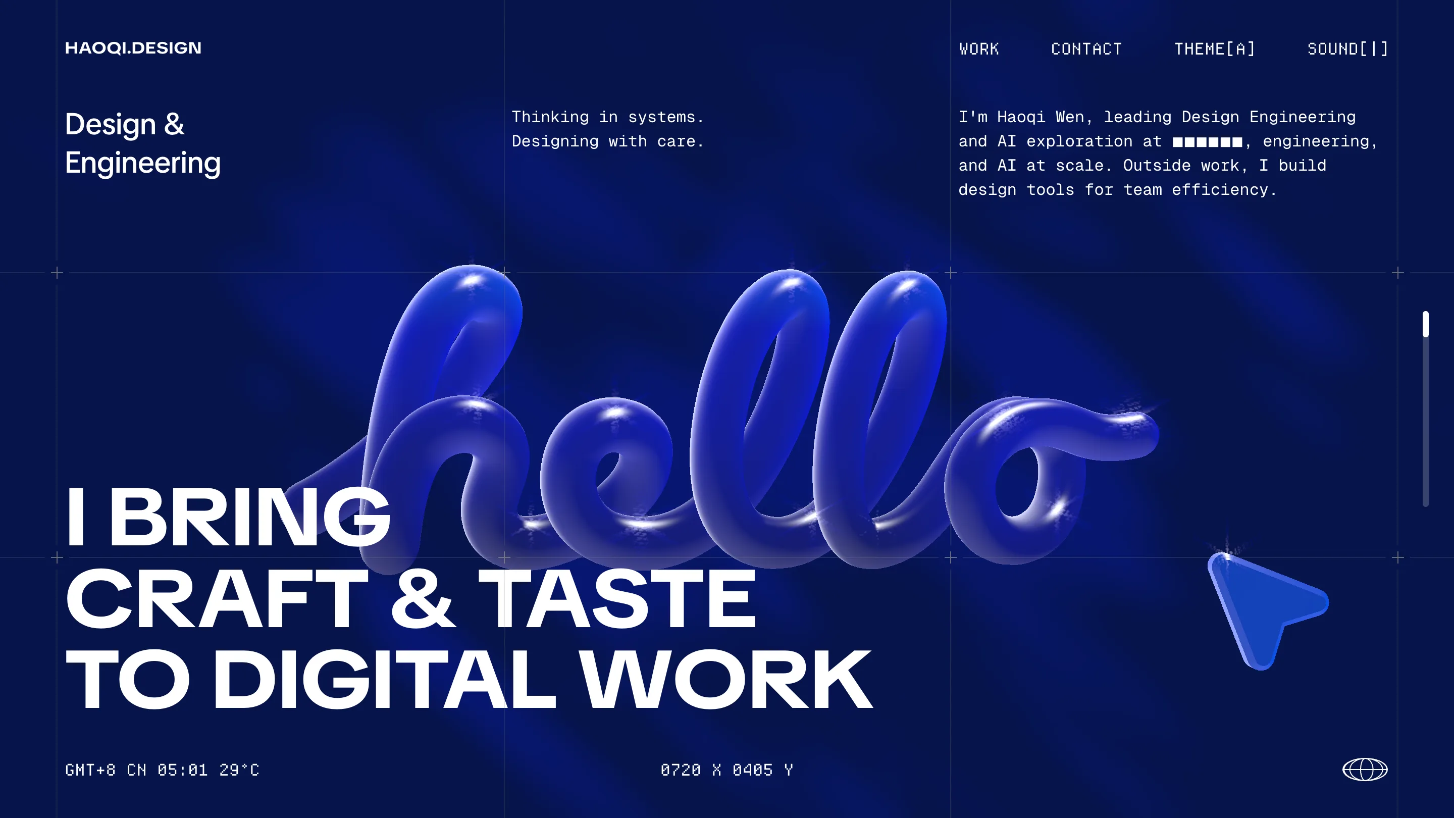 Klein-blue hero of haoqi.design: a white all-caps headline reading I bring craft & taste to digital work, behind a glossy 3D script reading hello, with a live clock and cursor coordinates in the corners.
