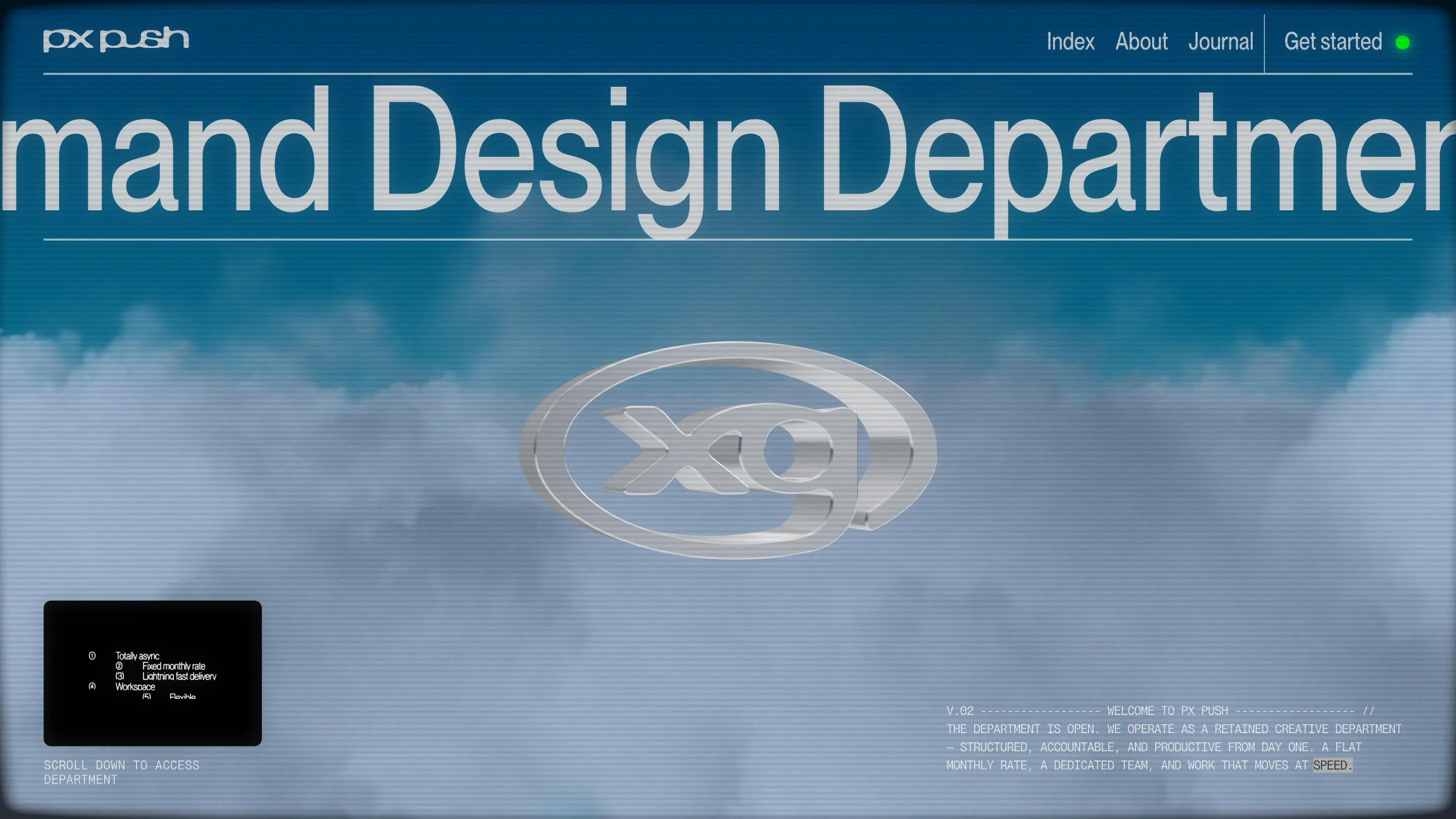 PX PUSH home page: a chrome 3D mark on a black screen under a giant sliding headline, wrapped in CRT scanlines.