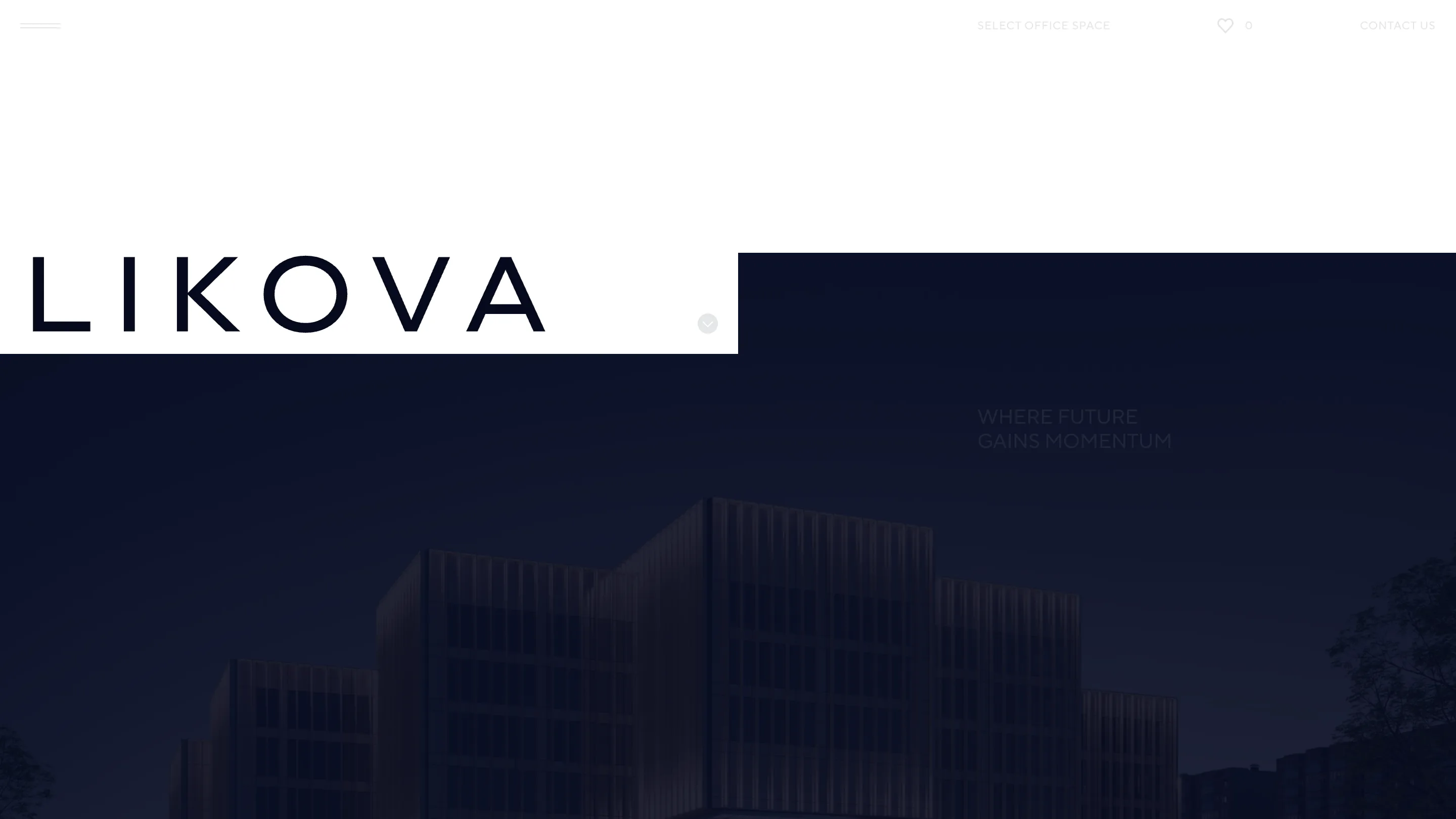 Likova's homepage: the wordmark in a white block cut into a night render of the business centre